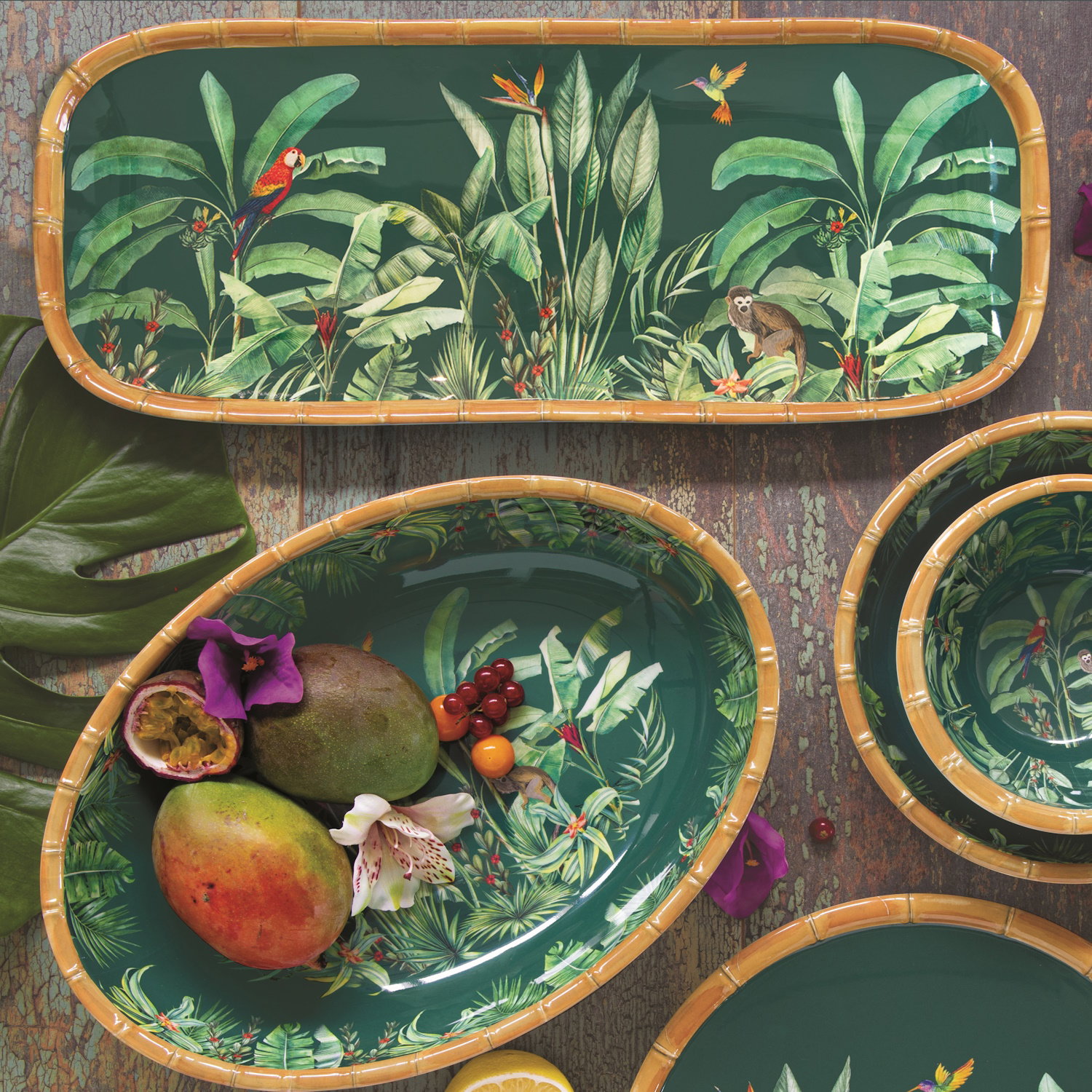 Salatschale Schüssel ZANZIBAR Dschungel 33x23cm grün braun Melamin Easy Life