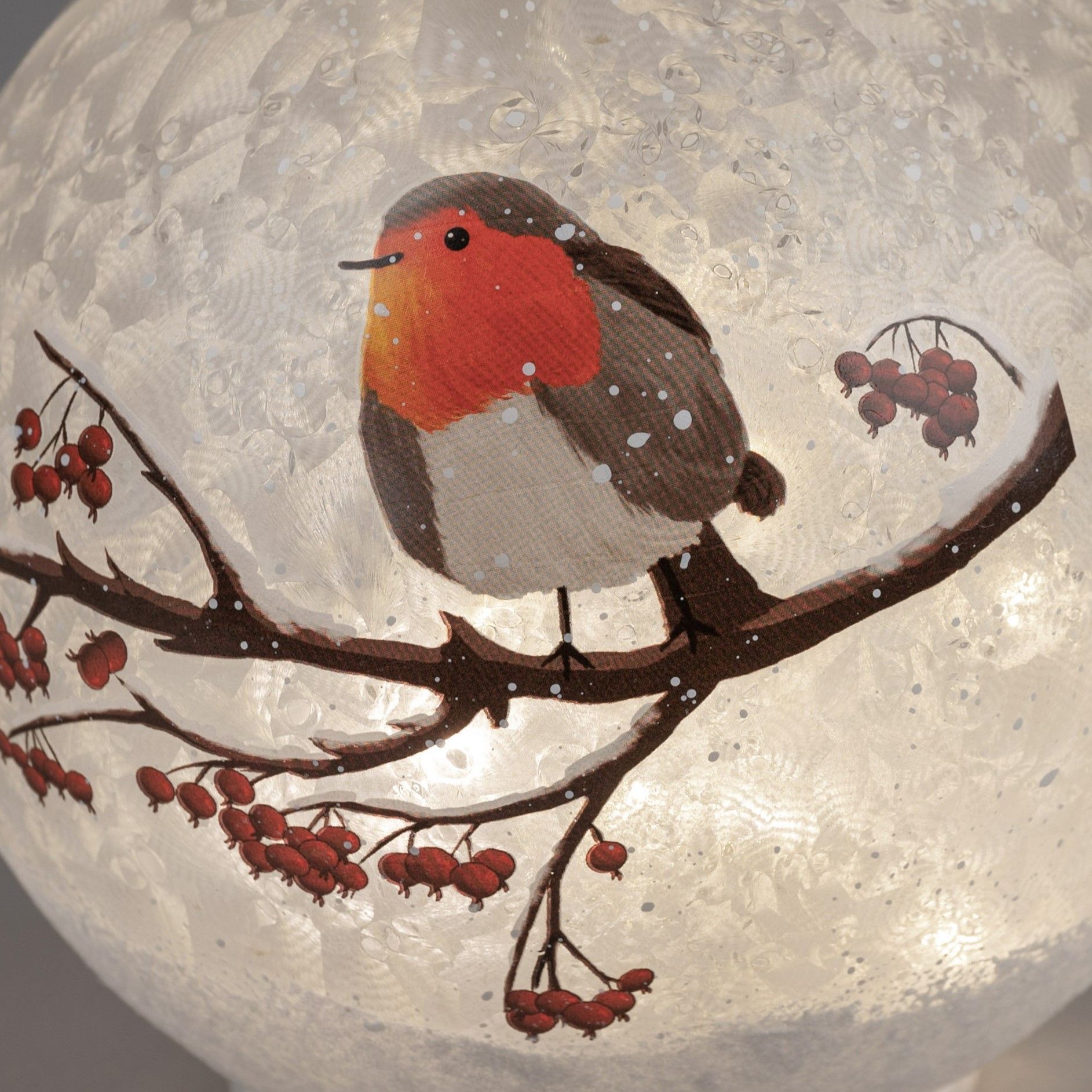 Ein Vogel mit roter Brust sitzt auf einem Ast, umgeben von roten Beeren und einem schimmernden, fros