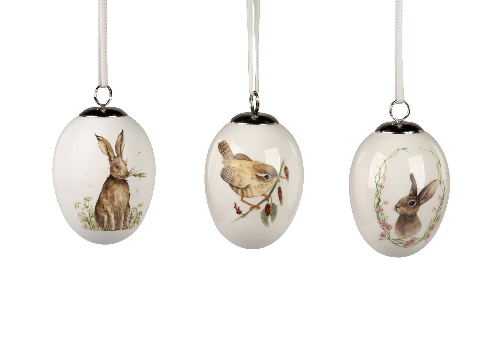 3er Set Deko Hänger Eier Ostern Klassik Hase und Vogel 8cm Steingut, von Formano