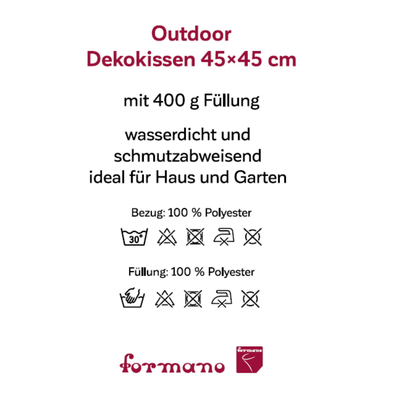 Text auf einem weißen Hintergrund: Informationen zu einem 45x45 cm großen Outdoor-Dekokissen, Materi