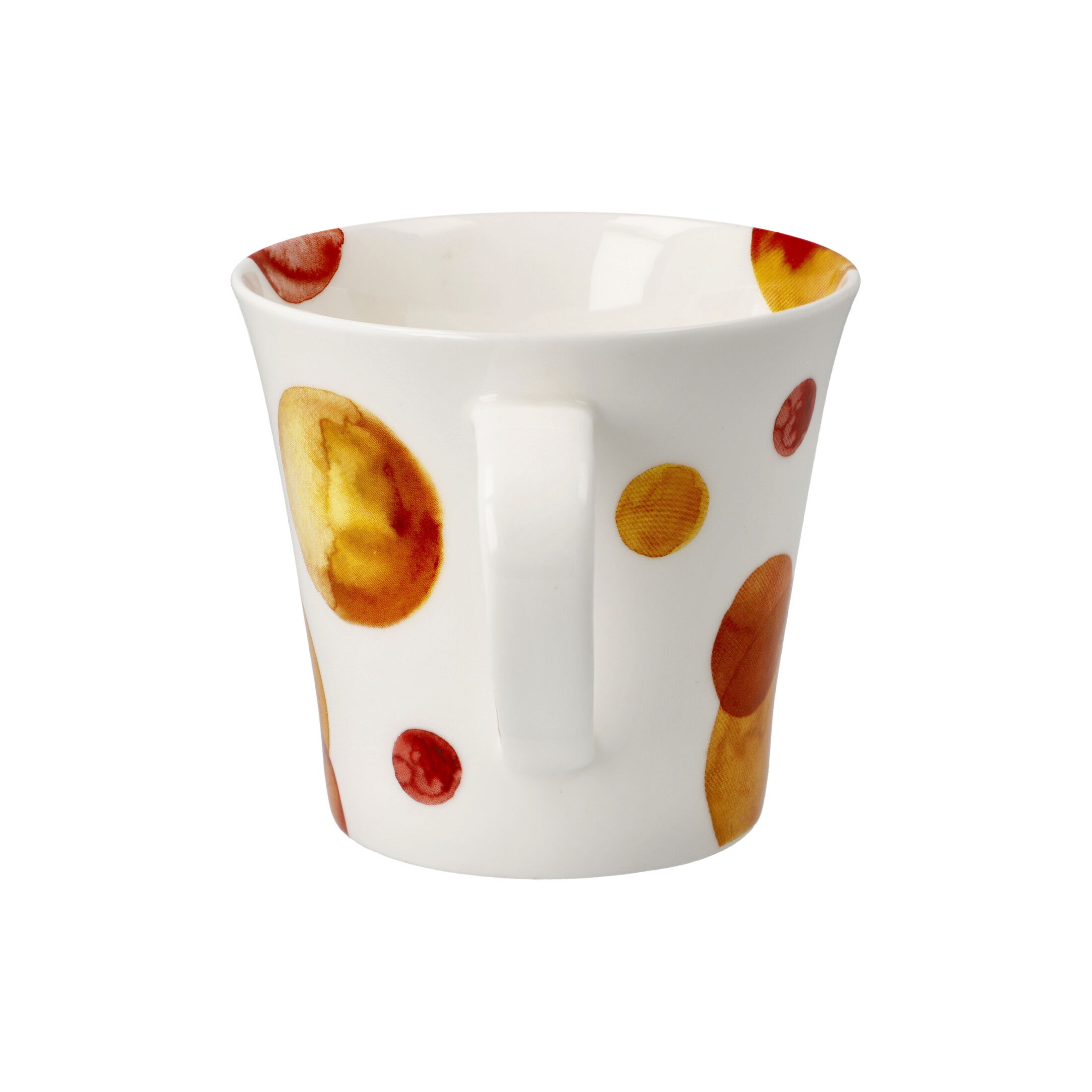 Weißer Becher mit bunten, runden Farbflecken in Orange und Rot. Der Becher hat einen seitlichen Henkel.