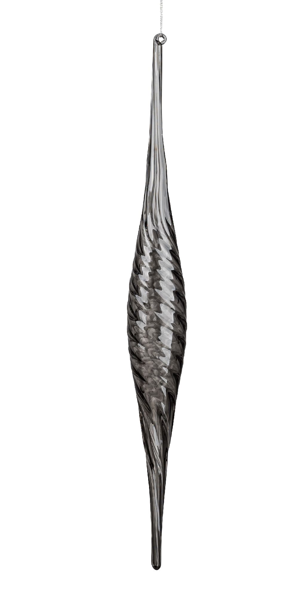 Ein länglicher, spiralförmiger Glasgegenstand in Schwarz und Grau, der an einer Kette hängt.