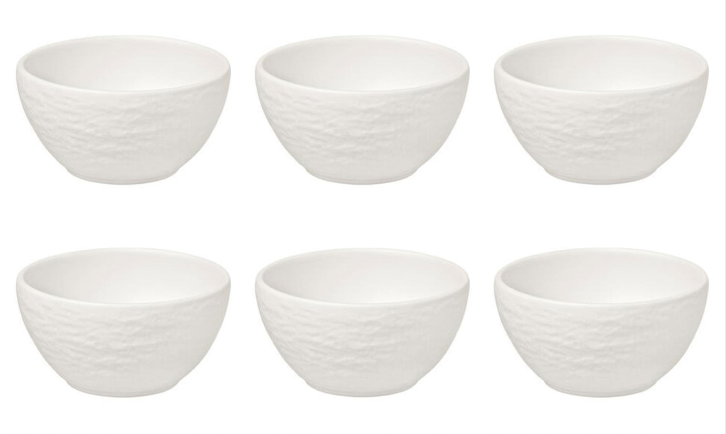 Sechs weiße Schalen aus Keramik, rund mit einer strukturierten Oberfläche, gleichmäßig angeordnet in zwei Reihen.