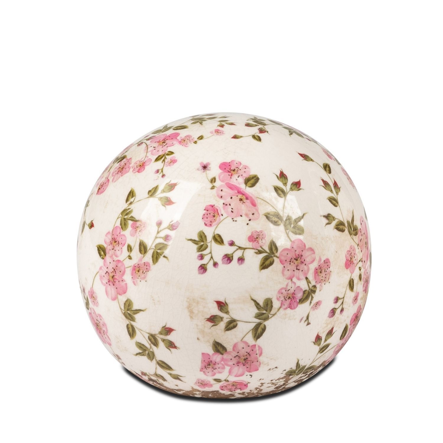 Weiße Kugel mit rosa Blüten und grünen Blättern auf weißem Hintergrund