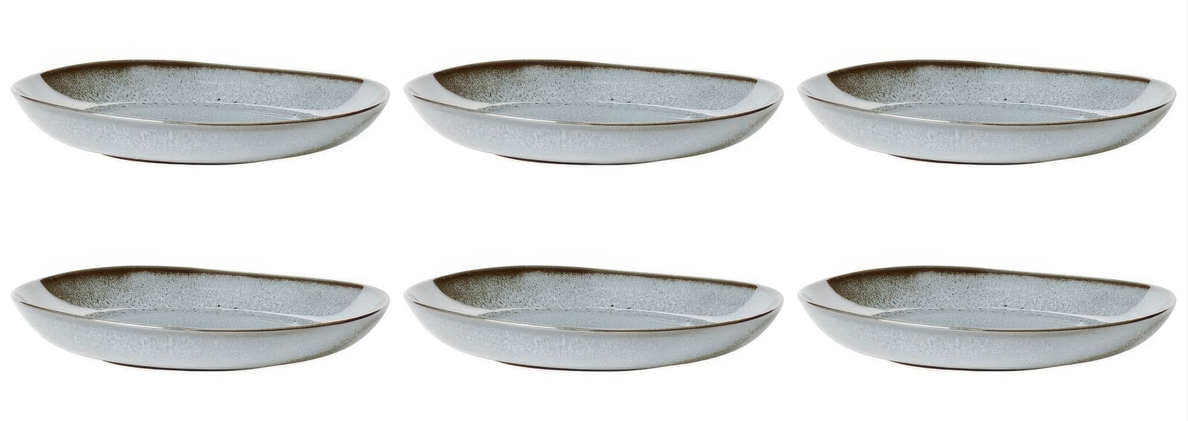 Sechs flache, ovale Teller in grauer Farbe mit einem schmalen, dunklen Rand.