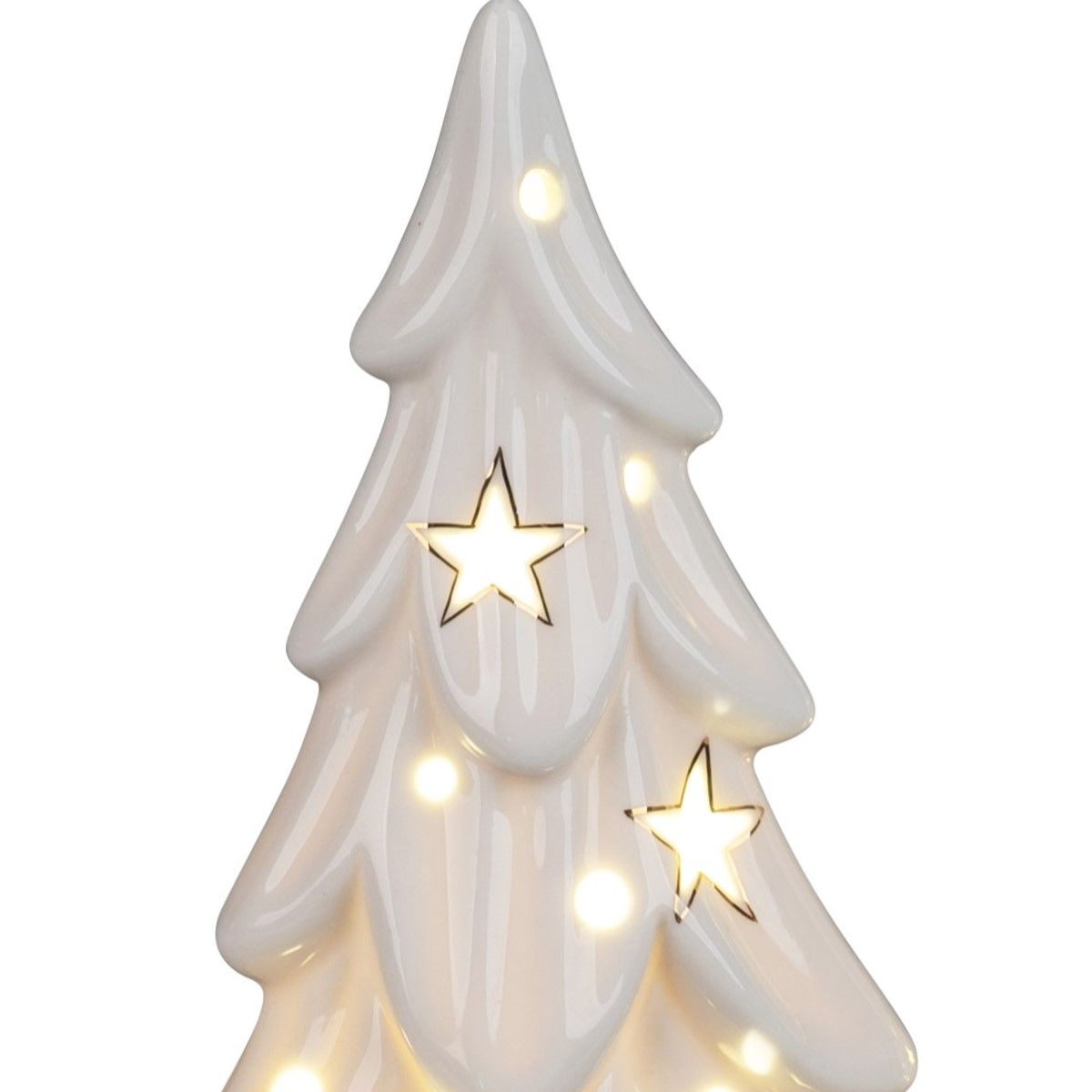 Weißer Weihnachtsbaum aus Keramik mit leuchtenden Sternen und kleinen Lichtern, die in die Baumoberf