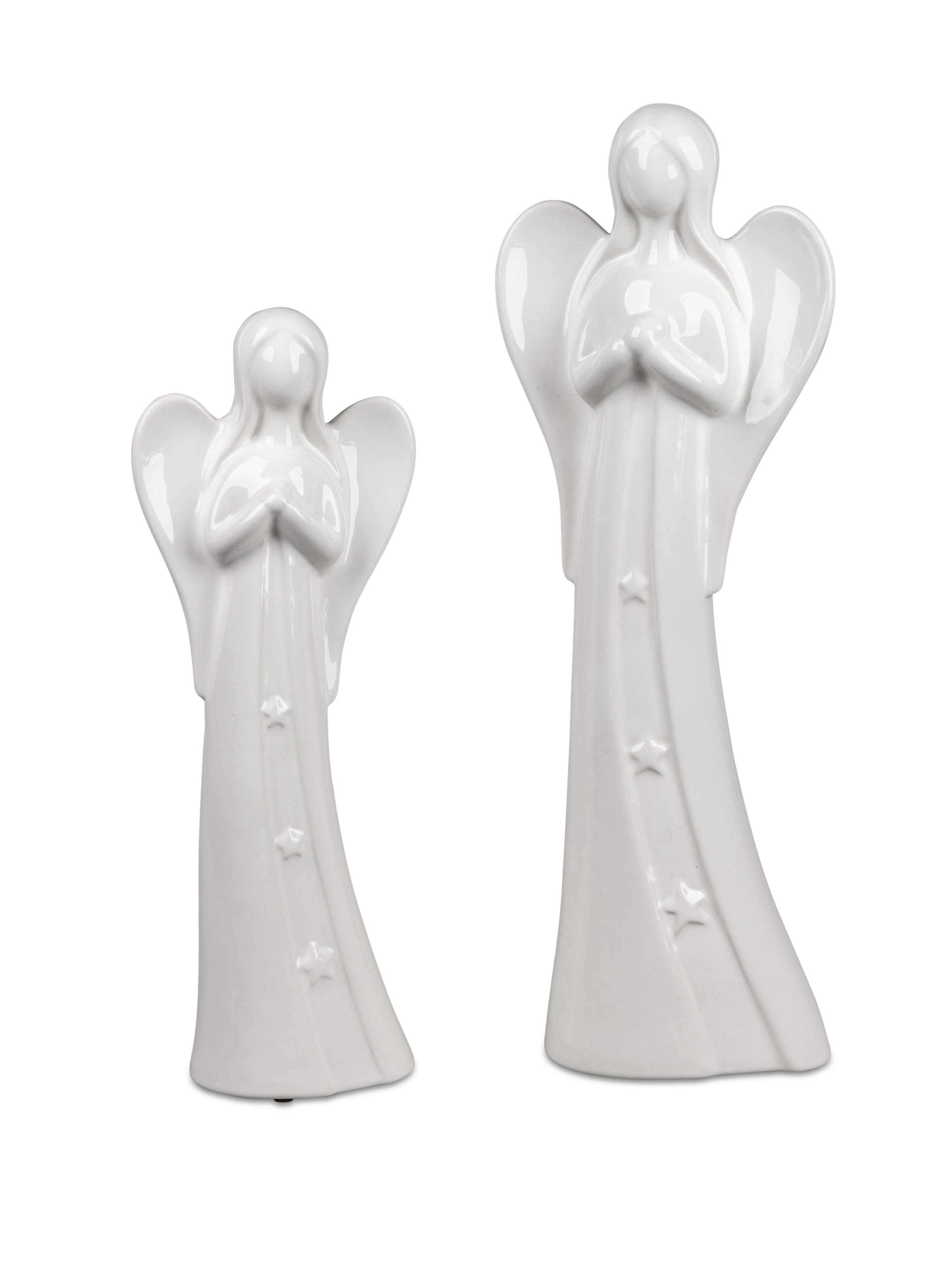 Zwei weiße Engel aus Keramik, einer kleiner und einer größer, beide mit gefalteten Händen und Sterne
