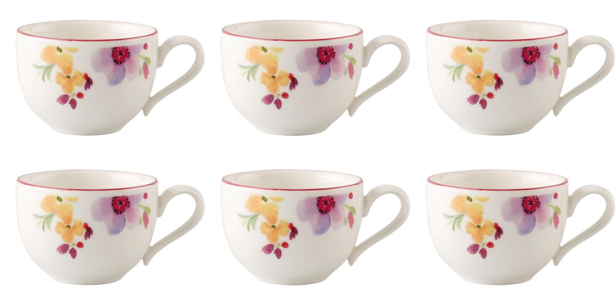 Sechs Tassen aus Porzellan mit bunten Blumenmustern, angeordnet in zwei Reihen. Jede Tasse hat einen Henkel und eine zarte Randverzierung.