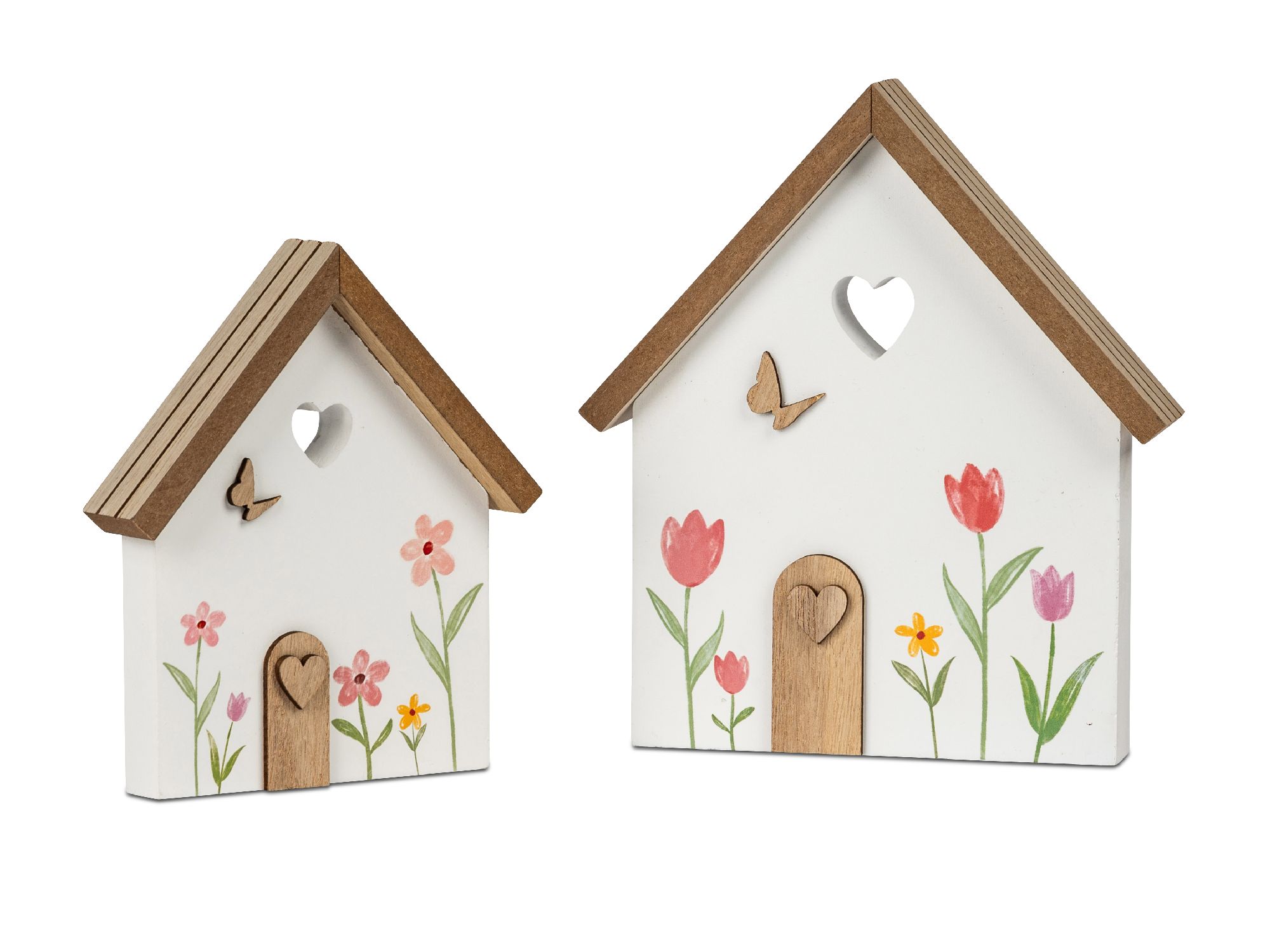 Zwei dekorative Holzhäuser mit bunten Blumenmotiven und Herzöffnungen in den Dächern. Eines ist kleiner als das andere.