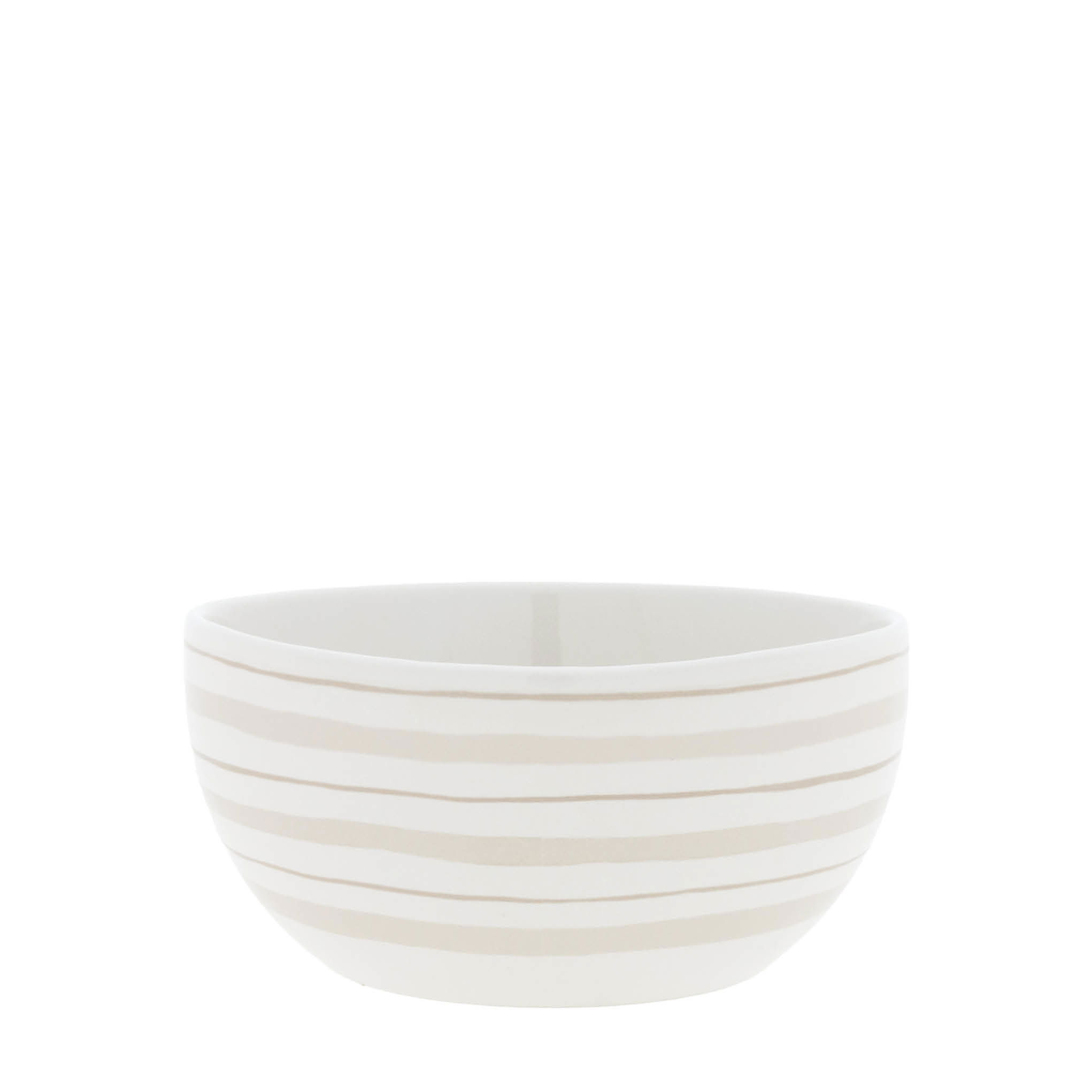 Eine runde Schüssel aus Keramik mit horizontalen, hellen Streifen auf weißem Grund.
