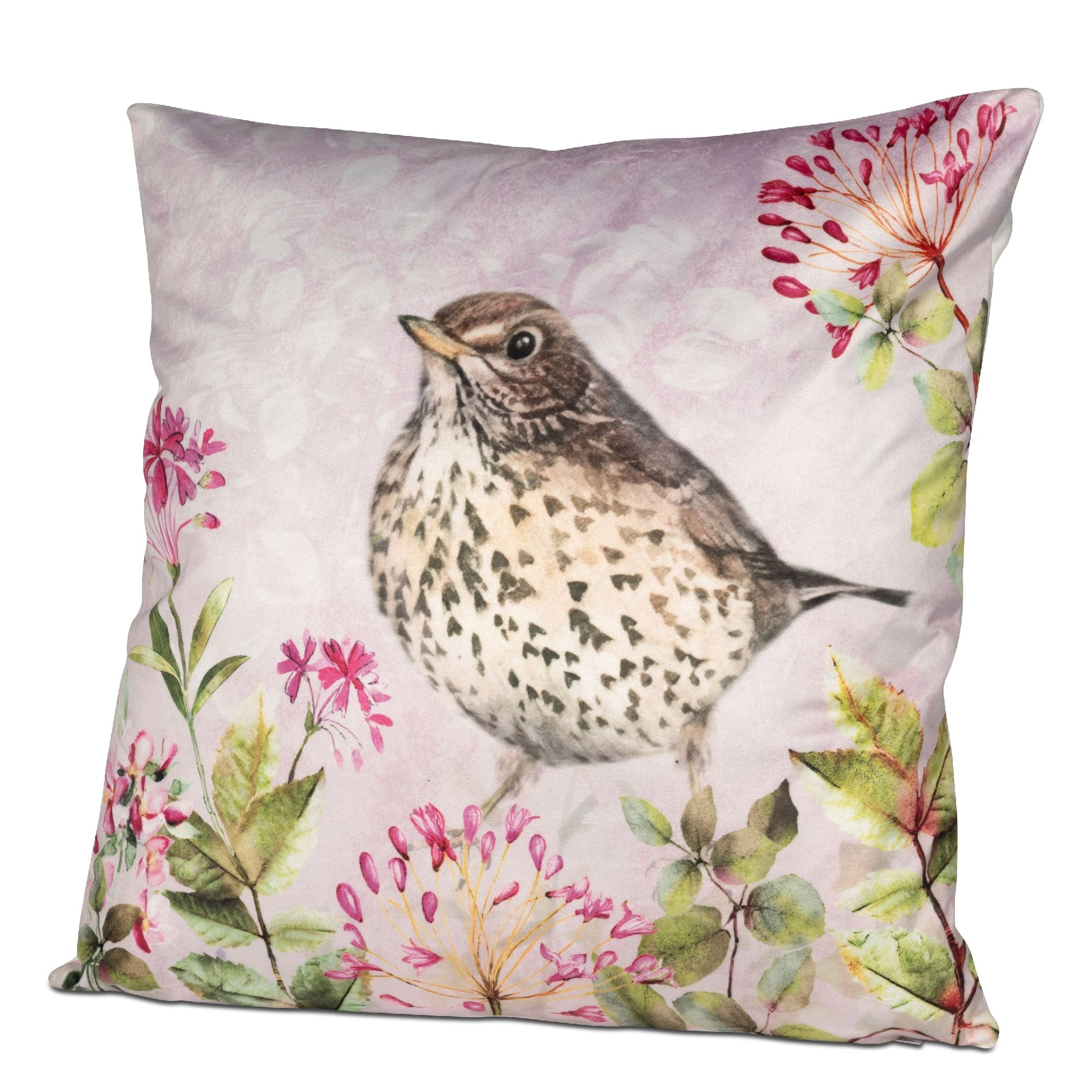 Kissen mit einem Vogelmotiv, umgeben von bunten Blumen und Blättern auf einem hellen Hintergrund.