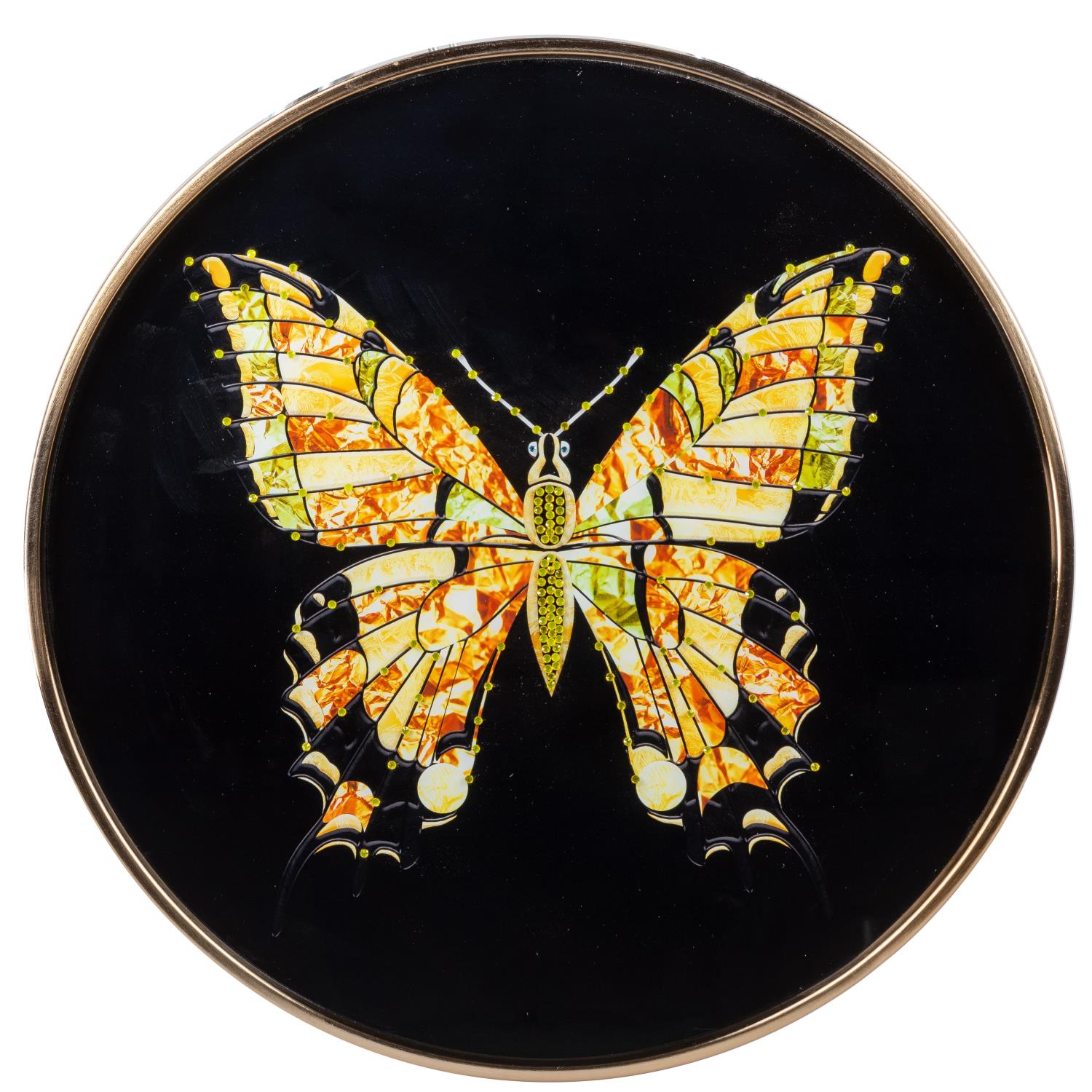 Bunter Schmetterling mit gelben und orangefarbenen Flügeln auf schwarzem Hintergrund, in runder Form dargestellt.