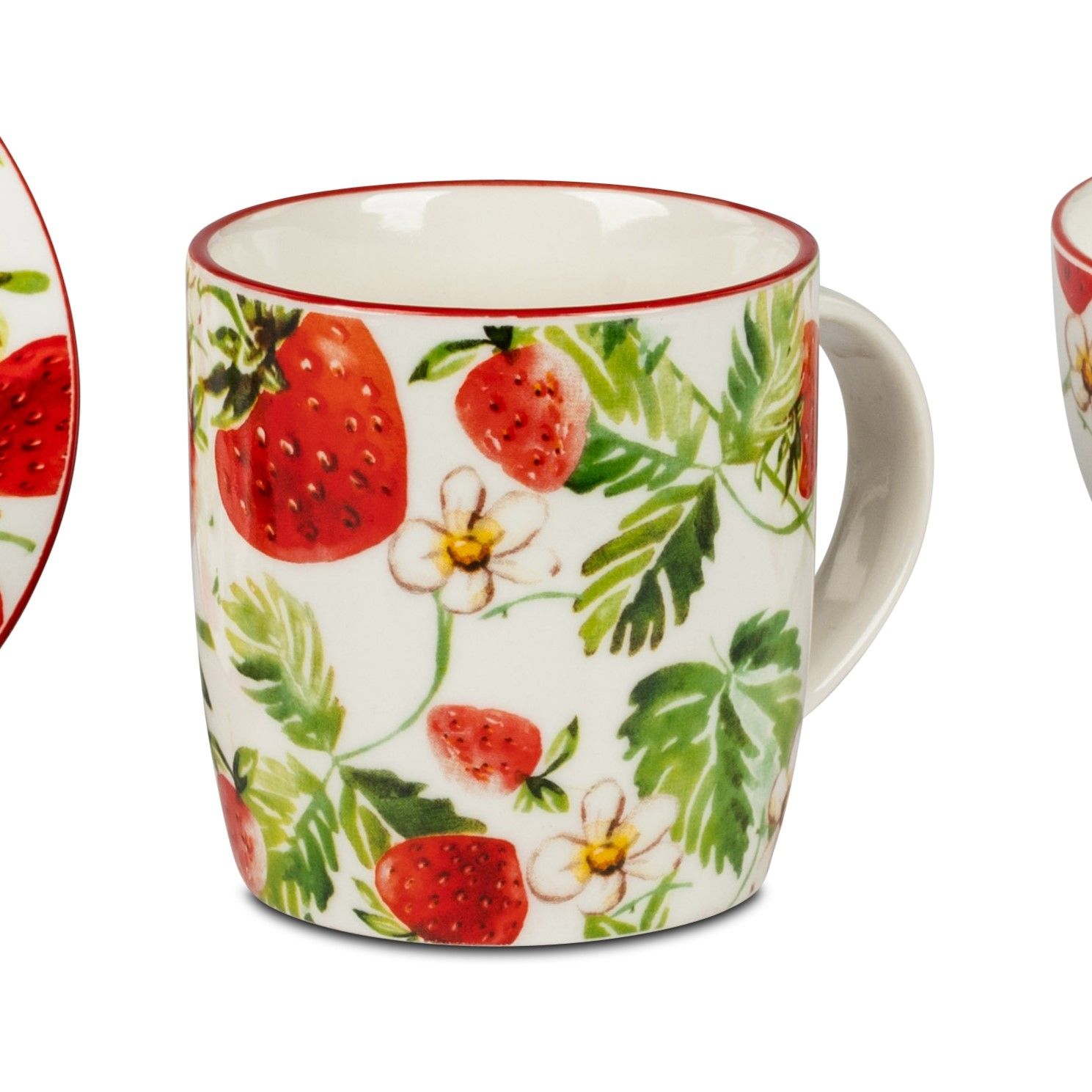 Tasse mit Erdbeer- und Blumenmuster auf weißem Hintergrund, roter Rand und Henkel. Drei Tassen in ve