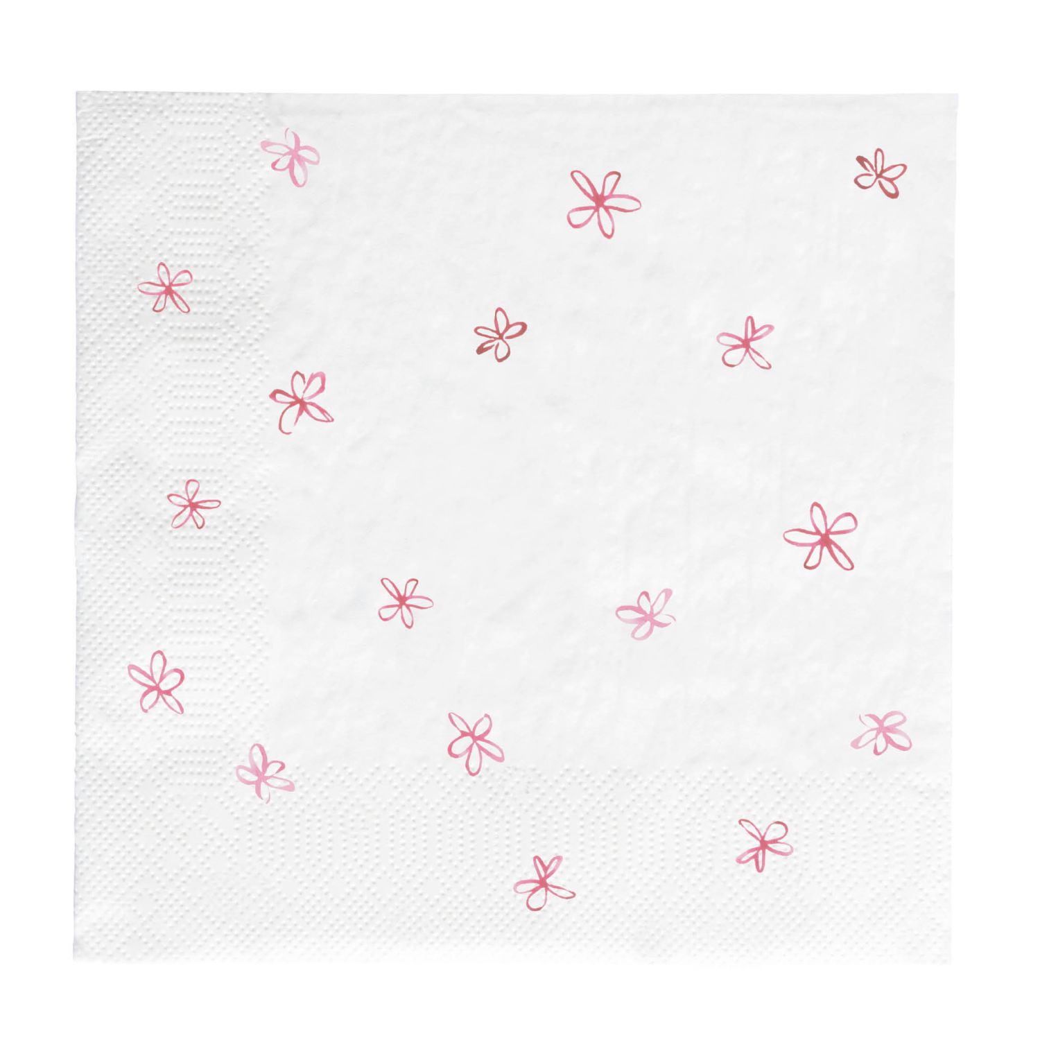 Weiße Serviette mit rosa Blumenmuster und geprägtem Rand