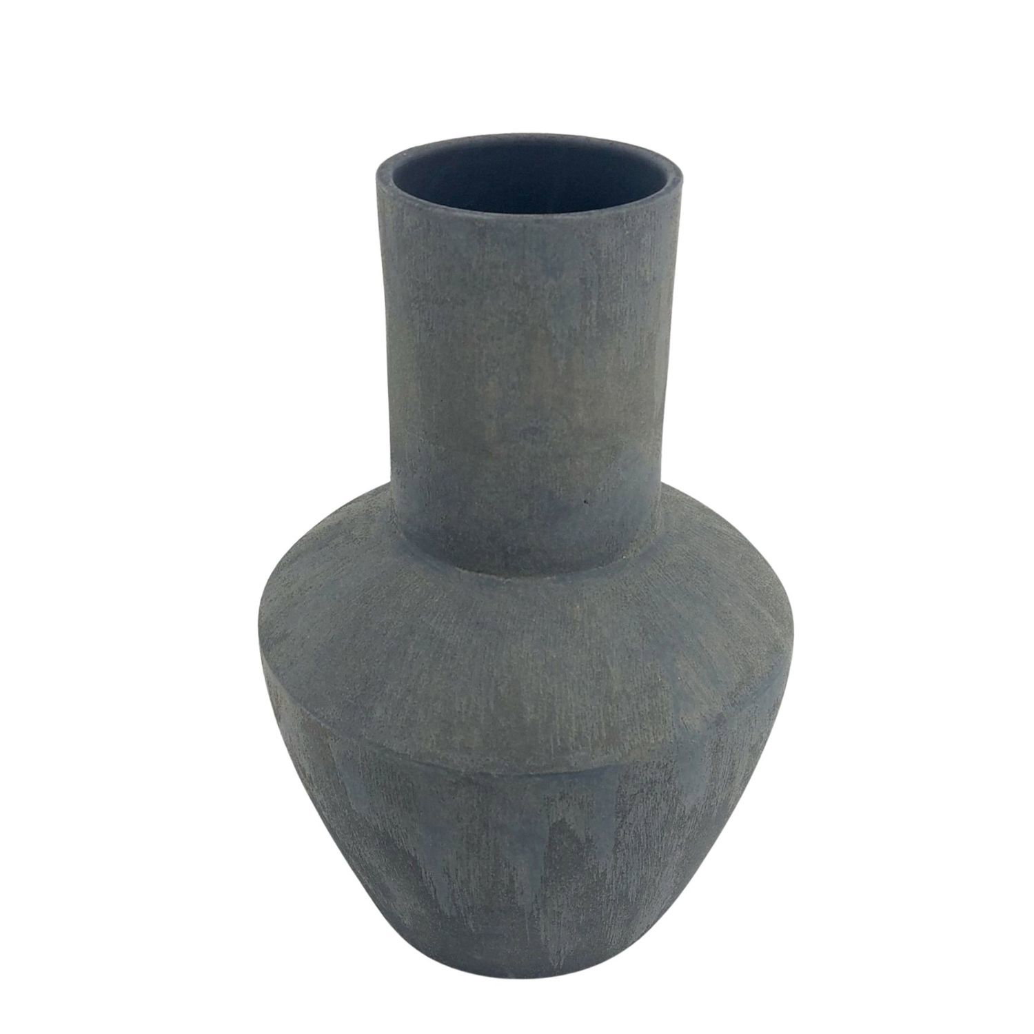 Graue Vase mit schmalem Hals und breitem Boden