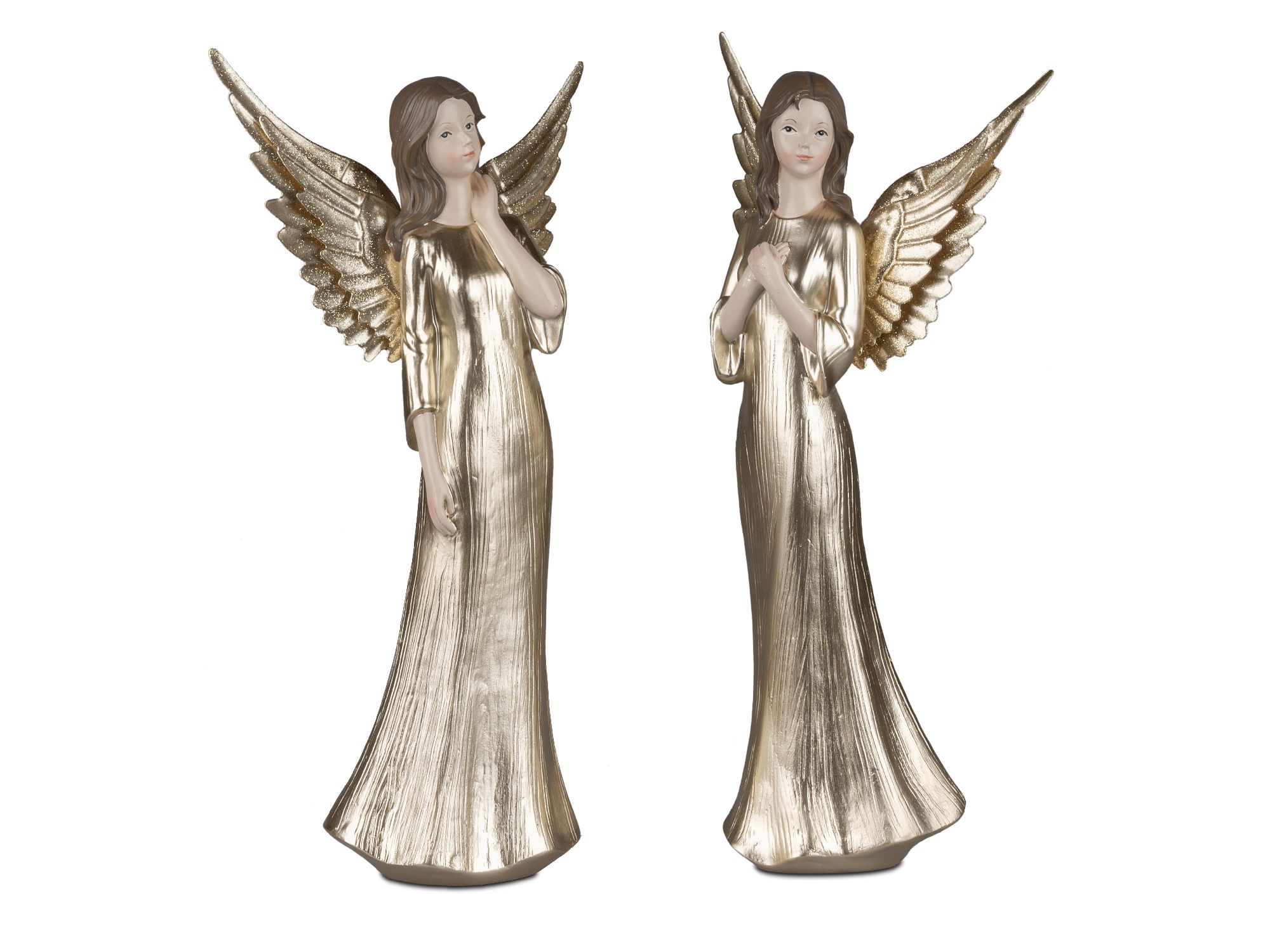 Zwei Engel-Statuen mit goldenen Flügeln und langen, glänzenden Kleidern, eine hält die Hände vor dem