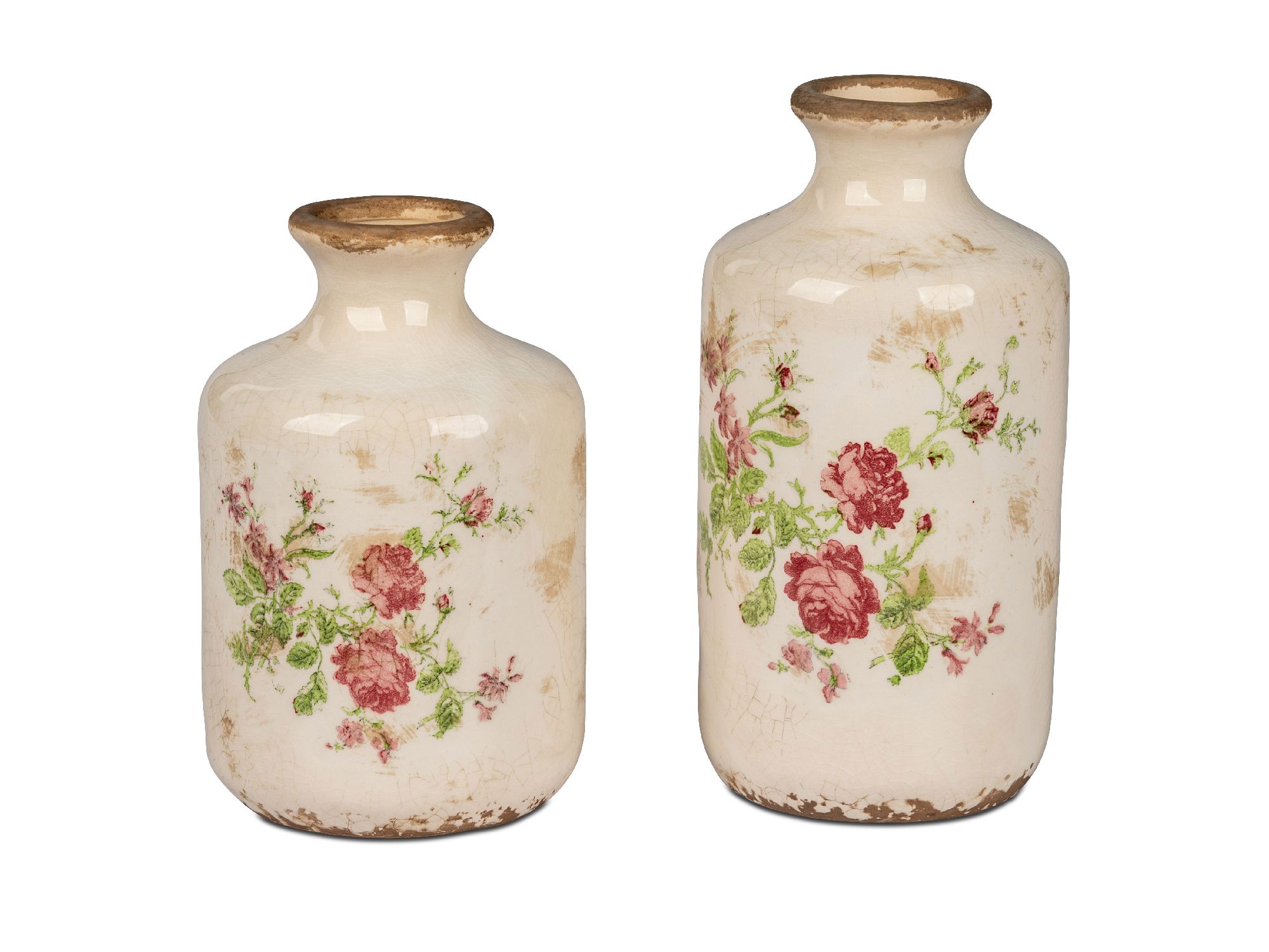 Zwei dekorative Vasen aus Keramik mit blütenförmigen Mustern in Rot und Grün auf einem cremefarbenen Hintergrund.