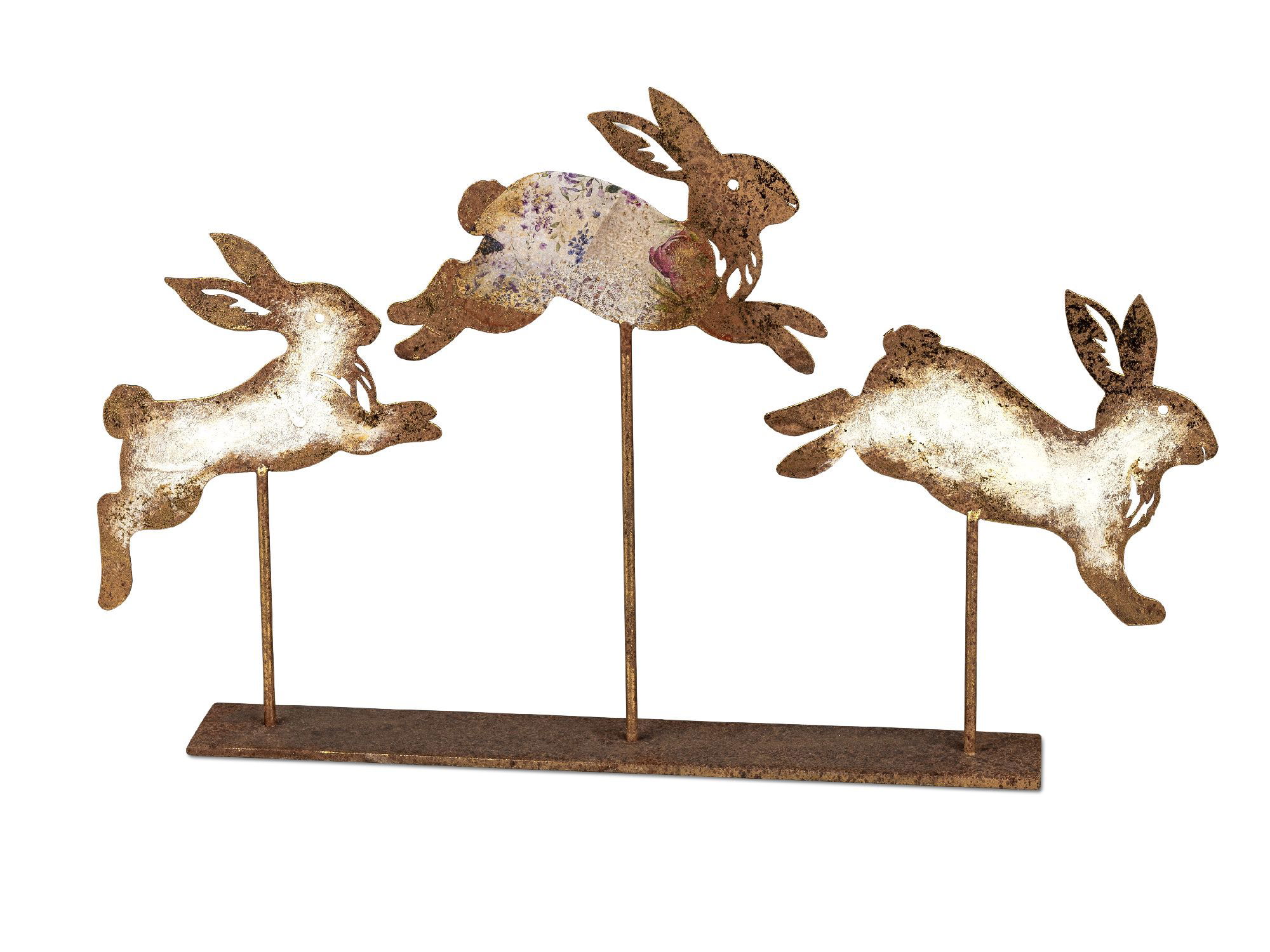 Drei metallene Hasenfiguren in verschiedenen Sprungpositionen auf einer stabilen Basis.