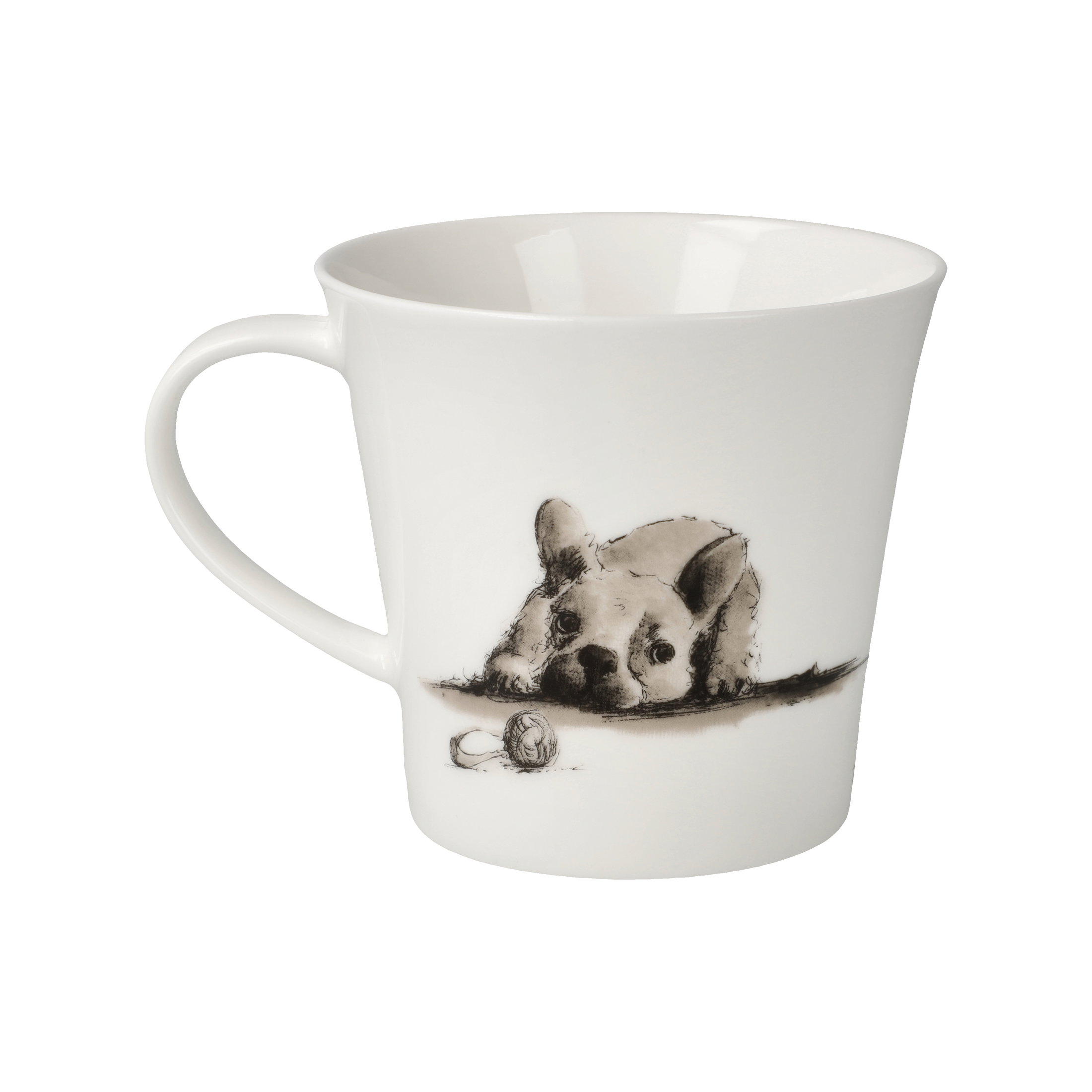 Weißer Becher mit einem schwarz-weißen Motiv eines Hundes, der auf dem Boden liegt, neben einem kleinen Ball.