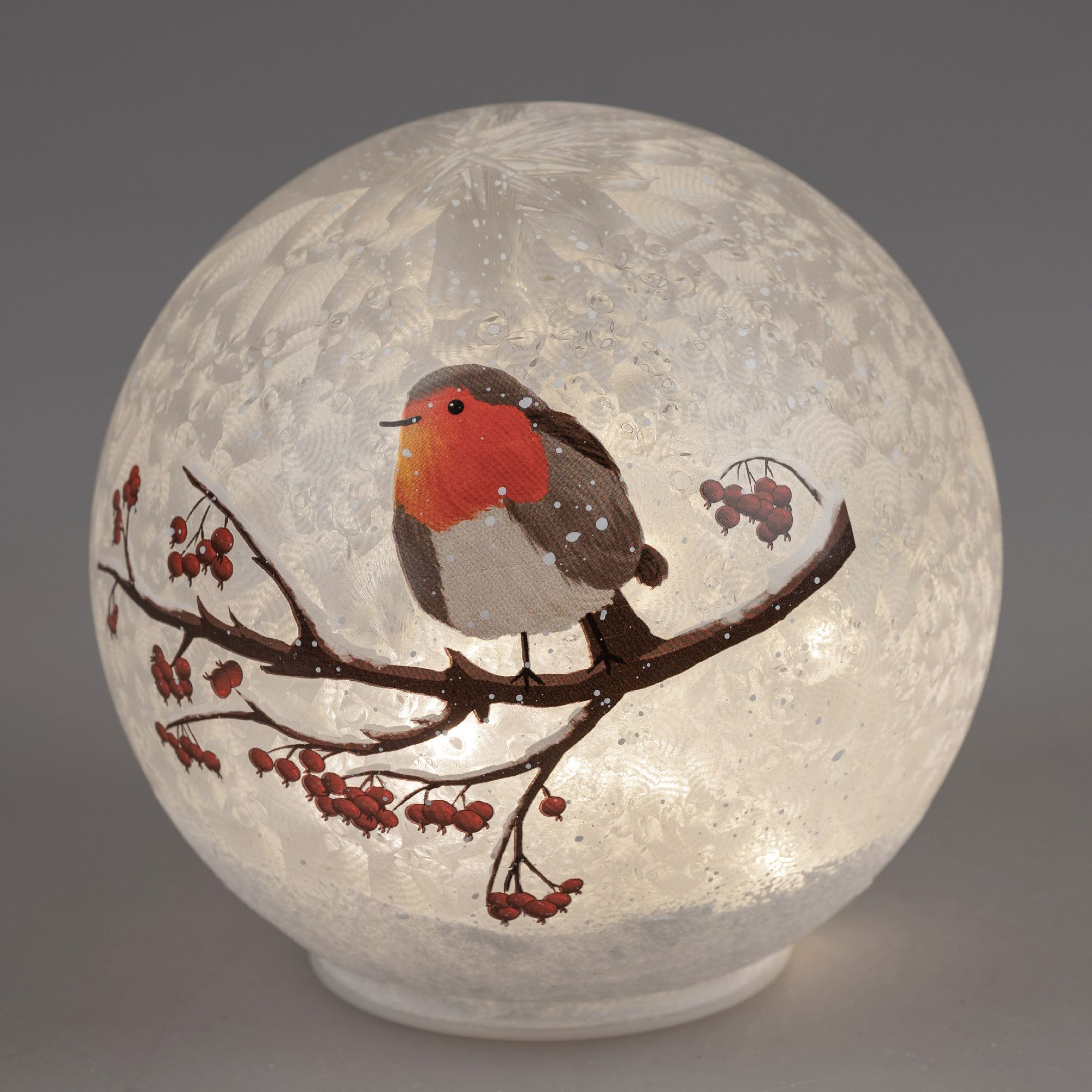 Eine runde, durchsichtige Lampe mit einem roten Vogel auf einem Ast und roten Beeren, umgeben von ei