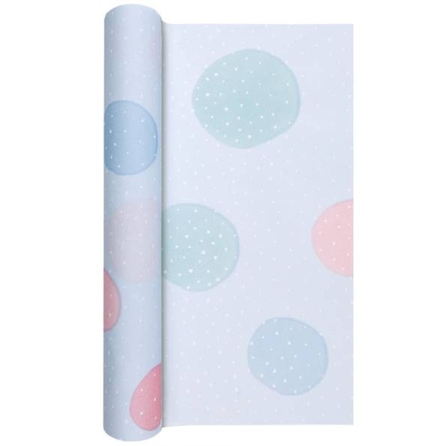 Rollenpapier mit weißen Hintergrund und bunten, unregelmäßigen Punkten in Blau, Grün und Rosa.