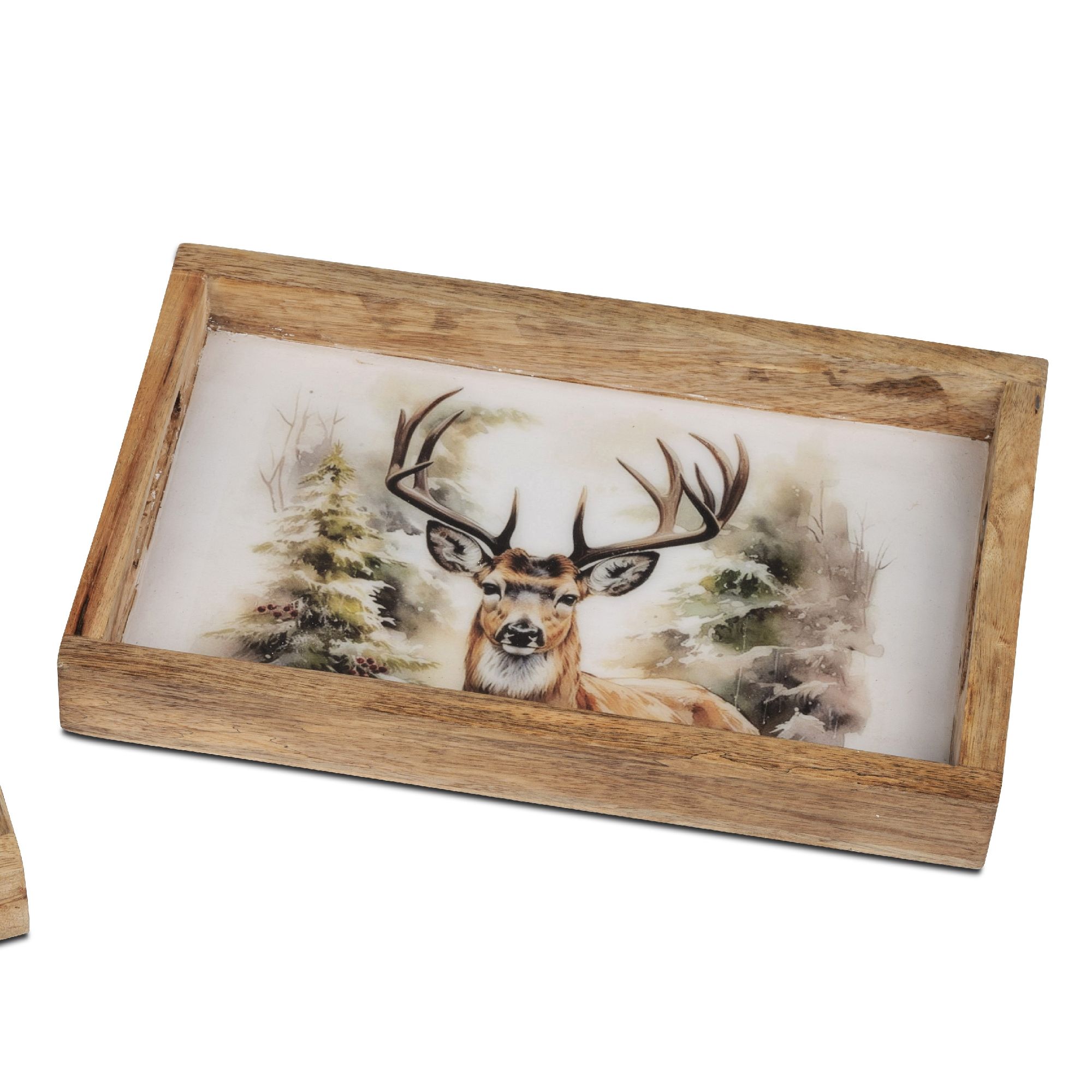 Holztablett mit einem Bild eines Rehs vor einer Waldlandschaft, umgeben von Bäumen und sanften Farbe