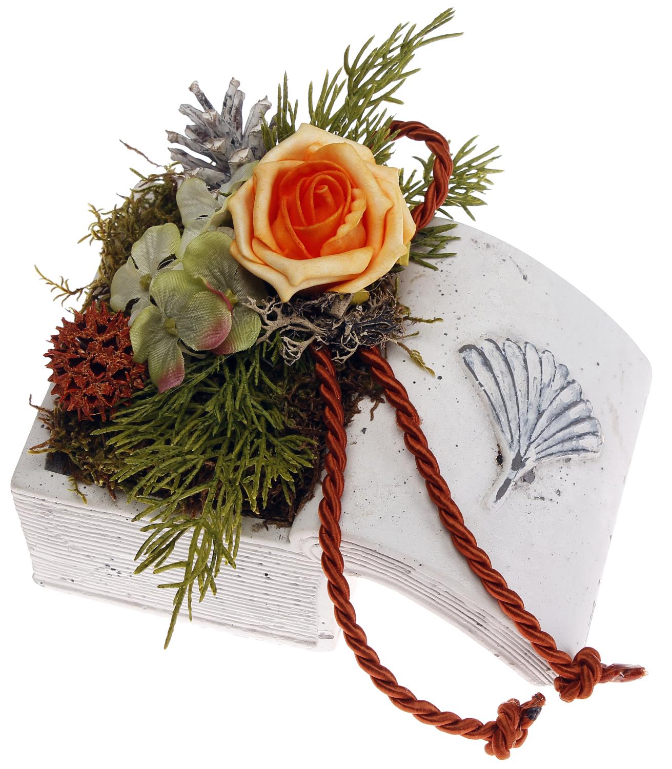 Grabdeko Keramikbuch mit Foamrose apricot, von DZ FLORISTIK