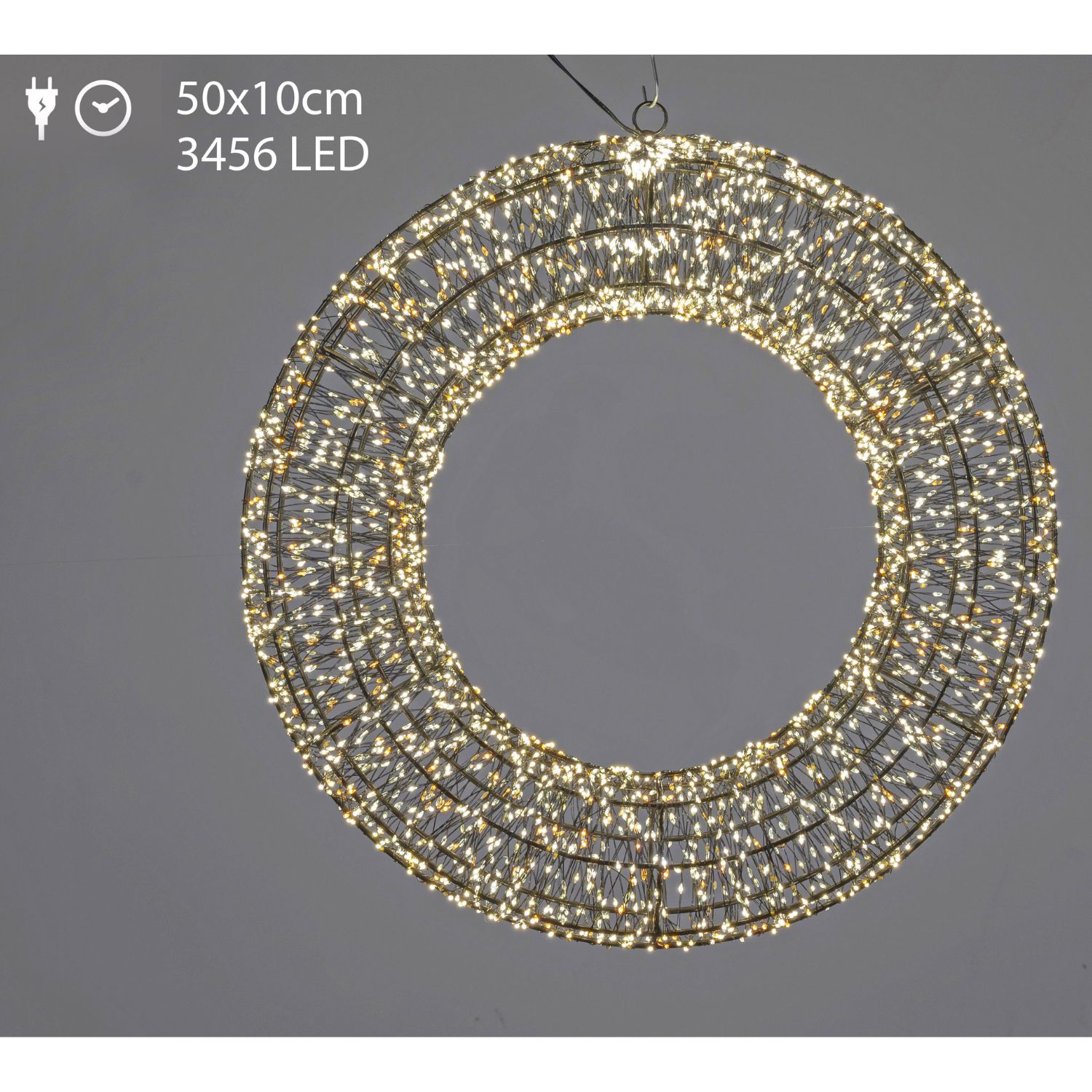 Leuchtender Ring aus vielen kleinen LED-Lichtern vor grauem Hintergrund