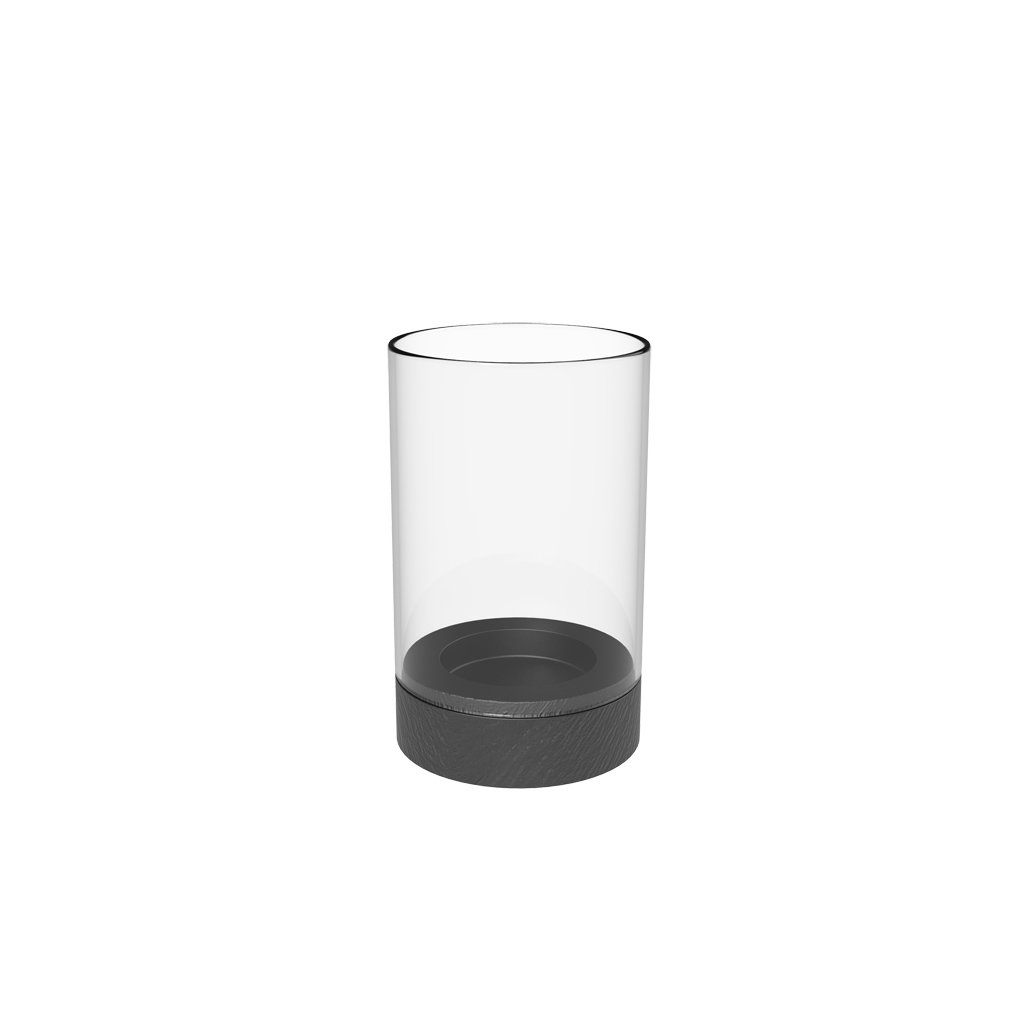 Ein transparenter Glasbehälter mit einem schwarzen, runden Boden. Der obere Rand ist glatt und klar.