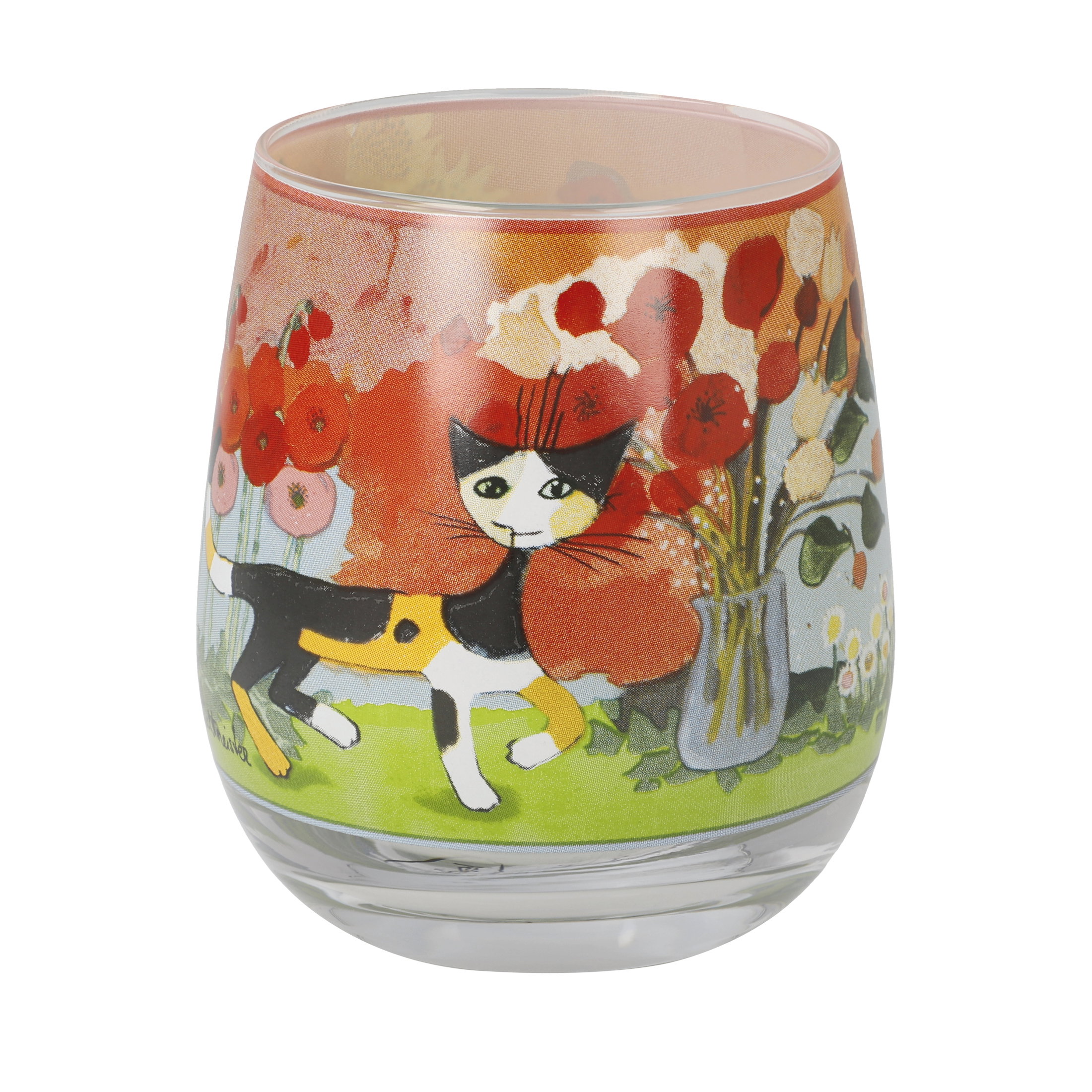 Buntes Glas mit Katzenmotiv und Blumenmuster, das eine Katze vor einem Blumenstrauß zeigt.