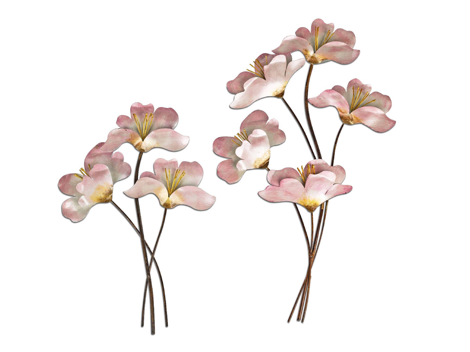 Zwei Gruppen von stilisierten Blumen in sanften Rosa- und Weißtönen mit langen, dünnen Stielen.