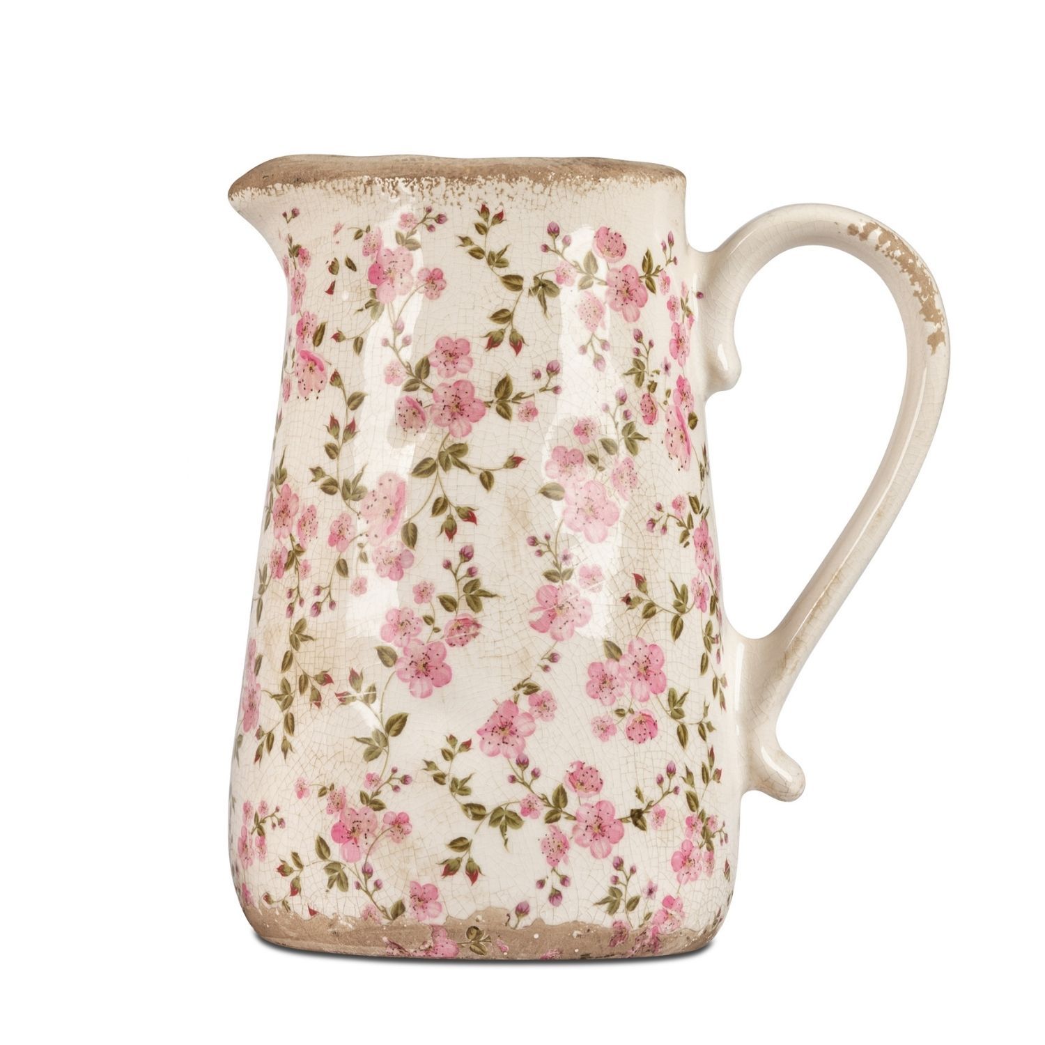 Deko Vase Krug VINTAGE Blüten antik weiß rosa H. 23cm Formano Garten S25