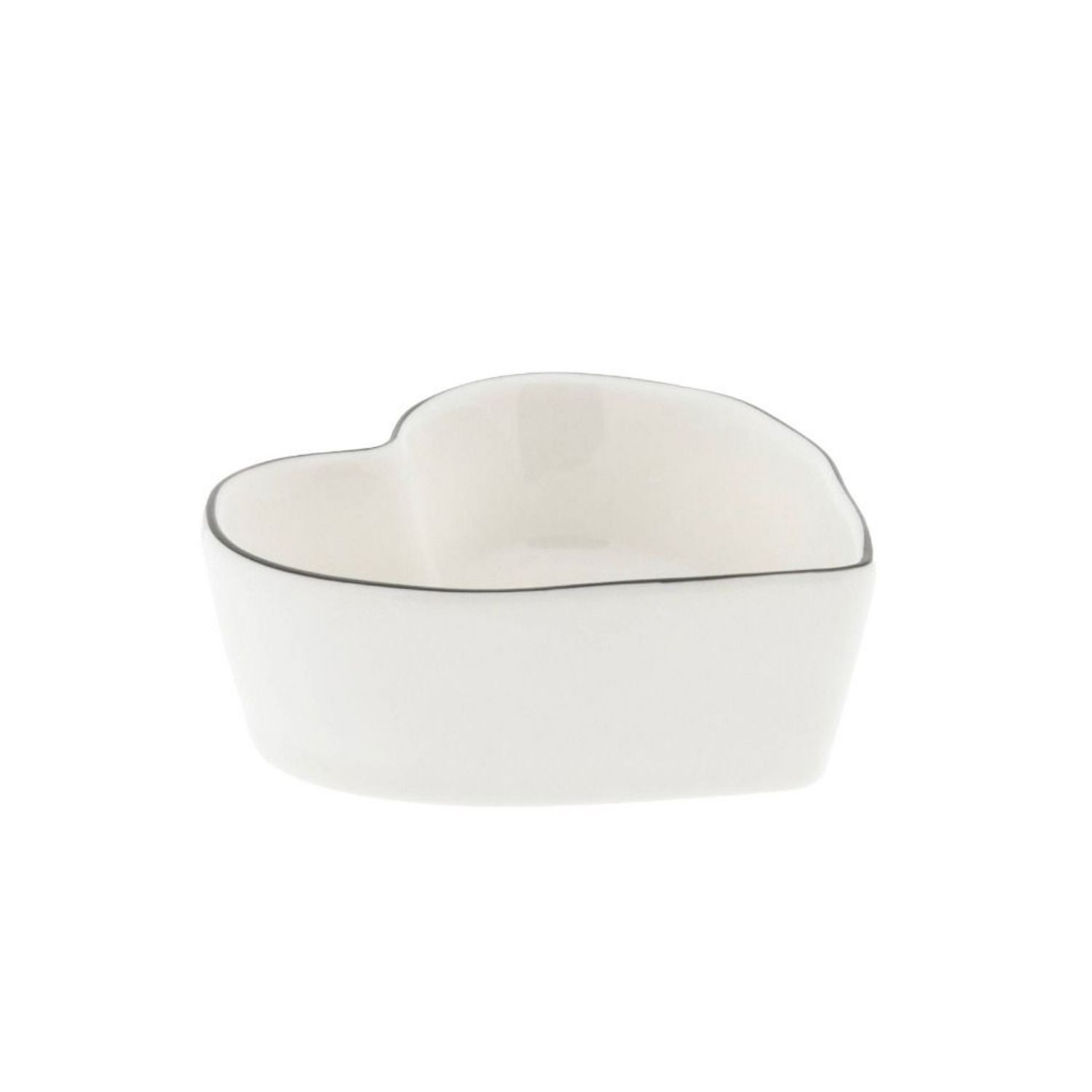 Schale in Herzform aus weißem Material mit schwarzem Rand