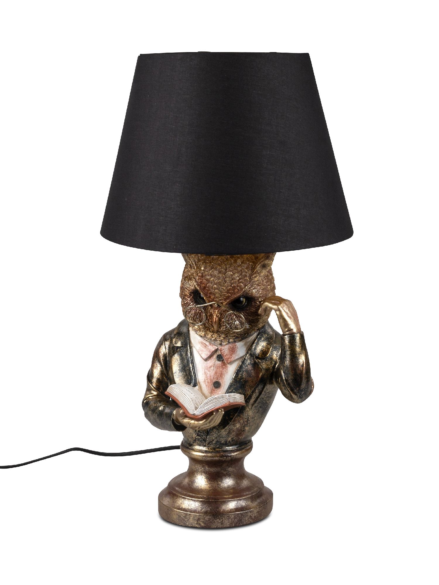 Tischlampe in Form einer Eule mit Brille, die ein Buch hält. Der Lampenschirm ist schwarz und konisc