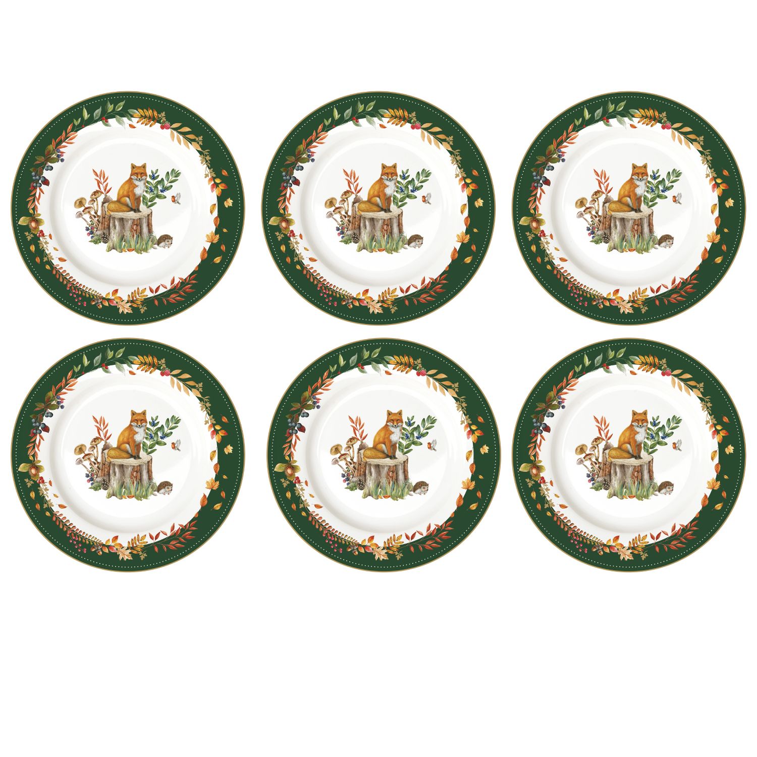 6er Set Kuchenteller Forest Dream mit Fuchsmotiv, grünem Rand und Blätterranken