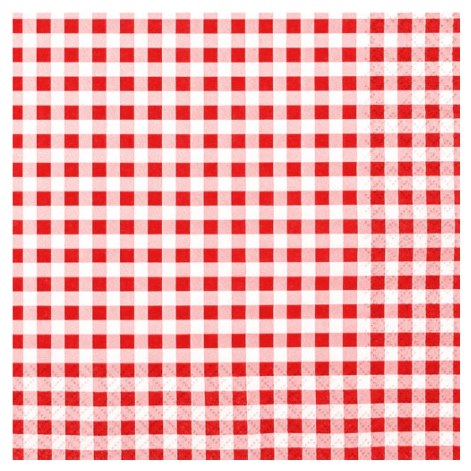 Ein rot-weiß kariertes Muster mit gleichmäßigen Quadraten, das an den Rändern mit einem dekorativen Element verziert ist.