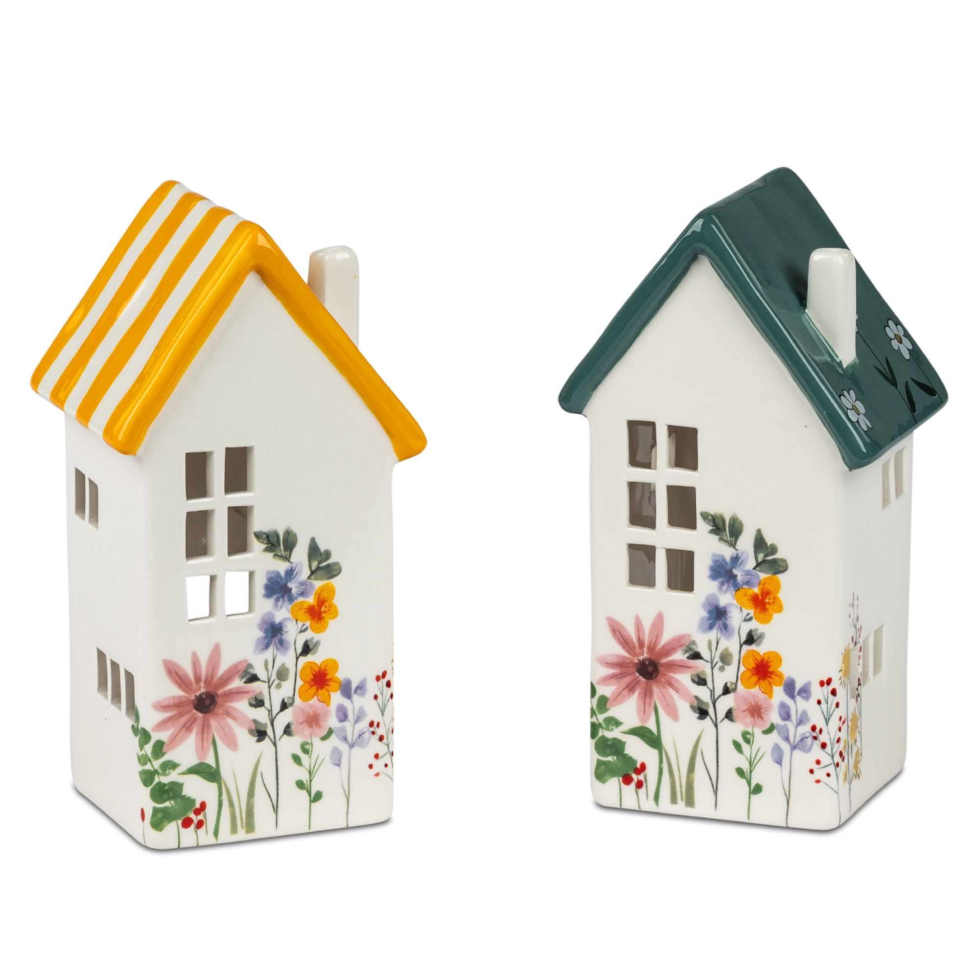 Zwei dekorative Häuser aus Keramik, eines mit gelbem Streifen-Dach und das andere mit grünem Dach, beide mit Blumenmotiven.