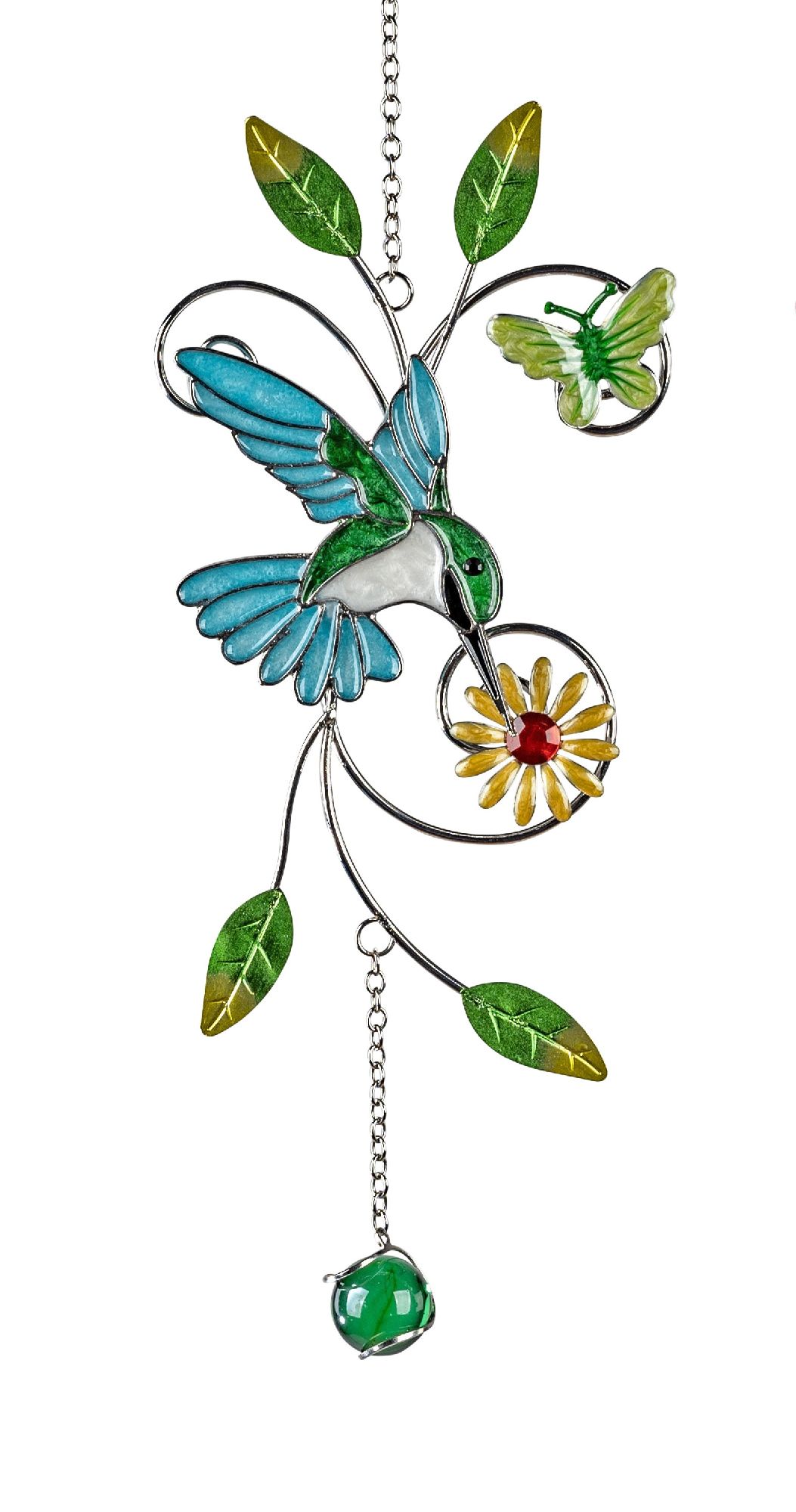 Buntes Fensterdekor mit einem Kolibri, einer Blume, einem Schmetterling und grünen Blättern, hängend