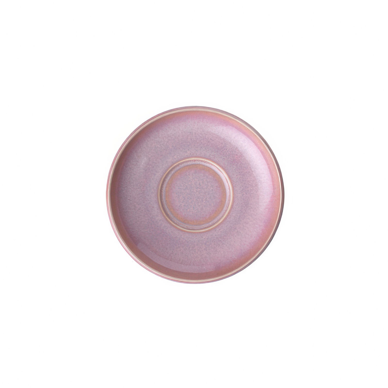 Runde, flache Untertasse in sanften Rosa- und Lilatönen mit einem schlichten, hellen Rand.