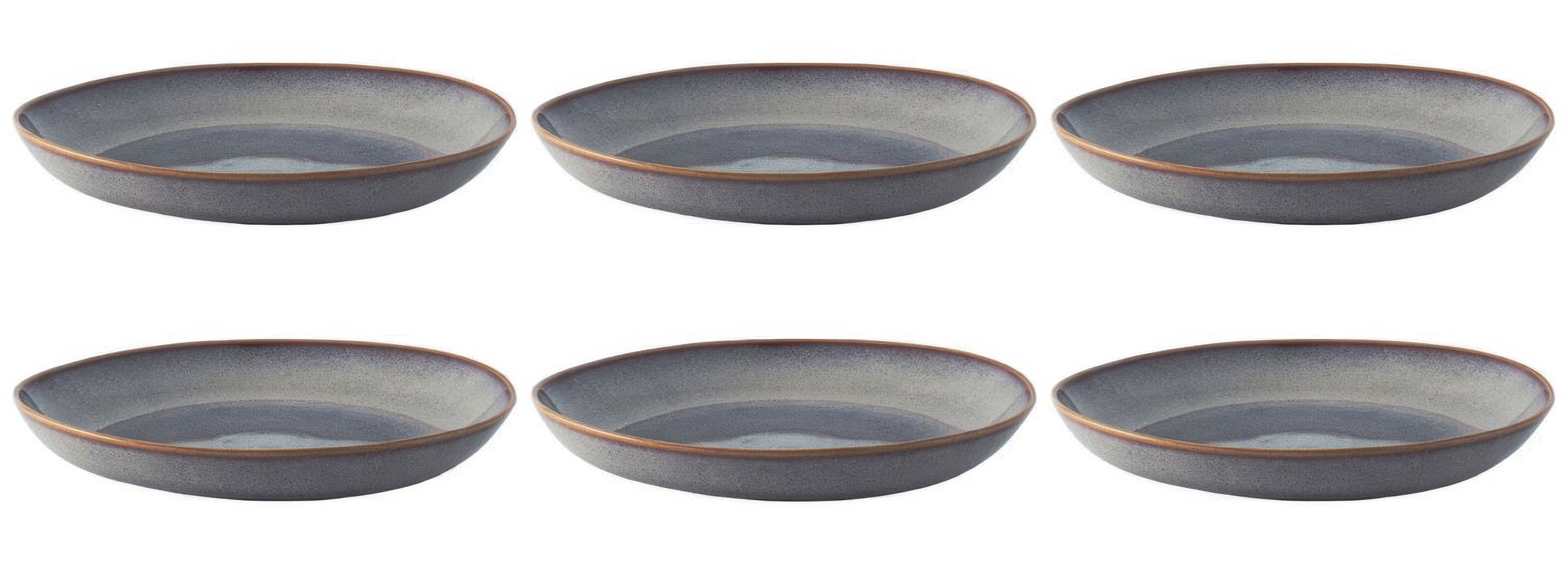 Sechs flache Teller mit grauer Glasur und braunem Rand, gleichmäßig angeordnet.