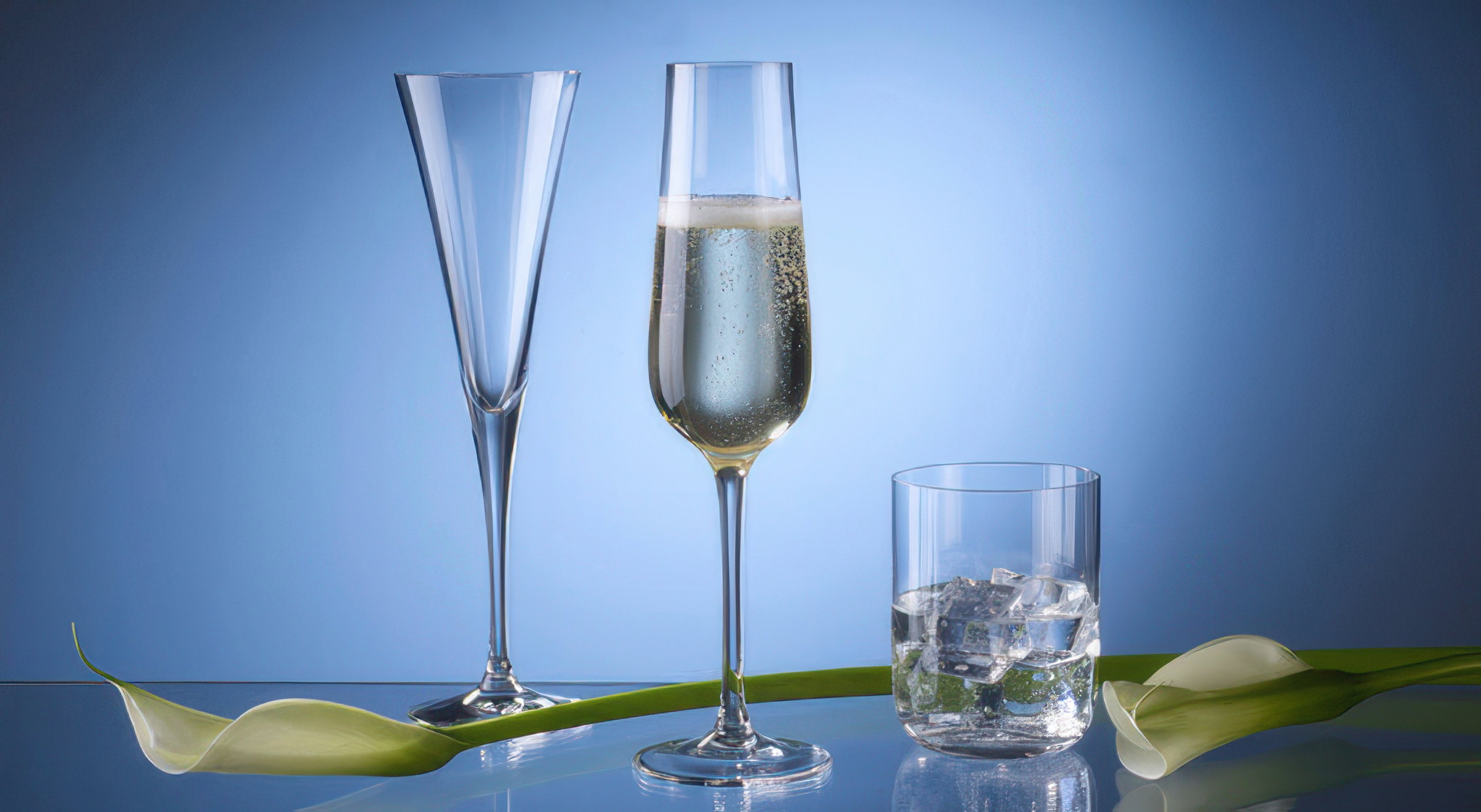 Zwei Gläser stehen auf einer Oberfläche: ein Sektglas mit Schaumwein und ein Glas mit Eiswürfeln. Daneben liegt ein Blatt einer Pflanze.