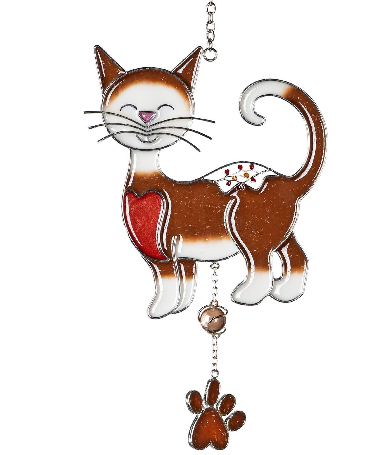 Bunte Glasfigur einer Katze mit einem Herz auf der Seite und einem Anhänger in Form einer Pfote. Die Katze hat einen lächelnden Gesichtsausdruck.