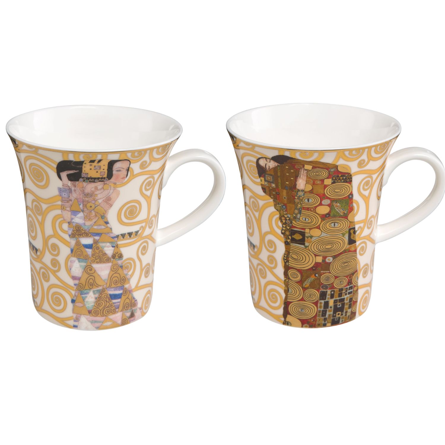 2 weiße Becher mit goldenen Ranken und den Motiven Die Erwartung + Die Erfüllung von Gustav Klimt