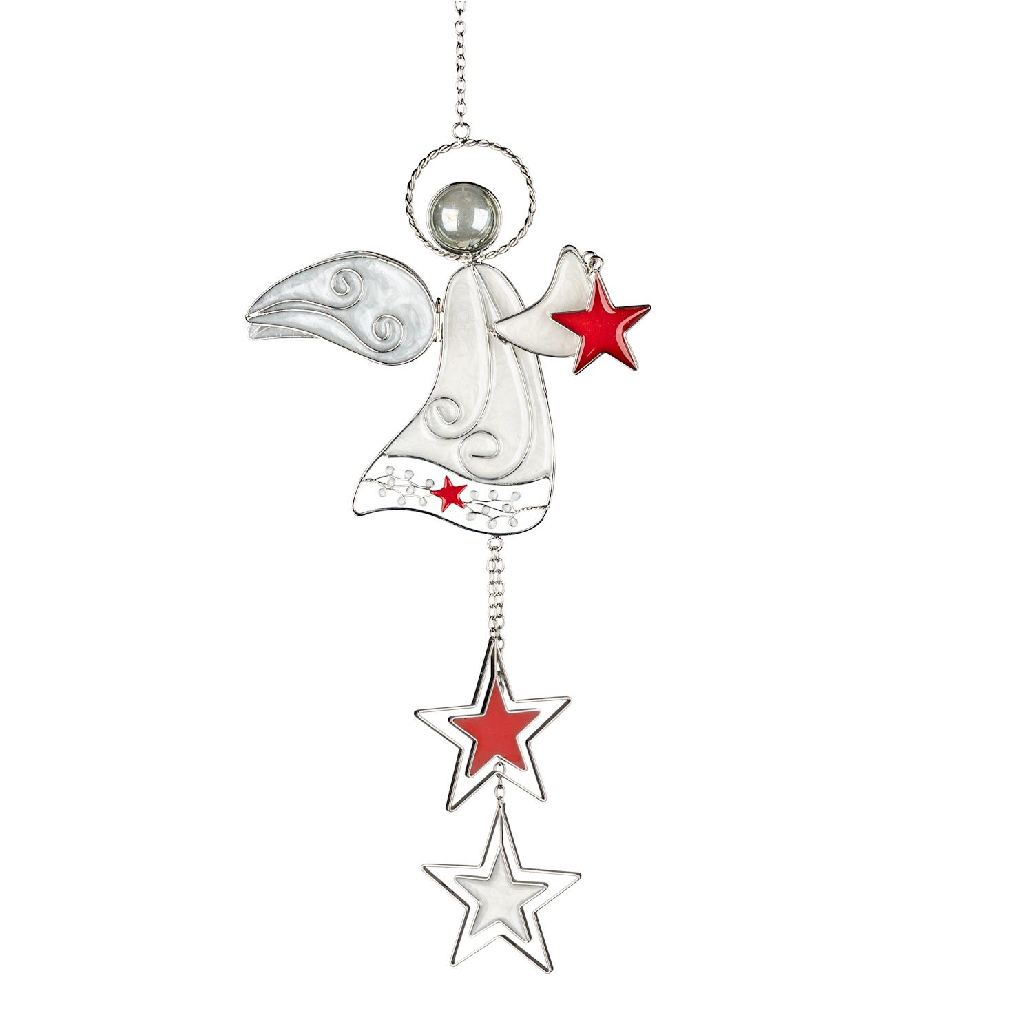 Dekorative Figur eines Engels aus Glas mit roten und weißen Sternen, hängend an einer Kette.