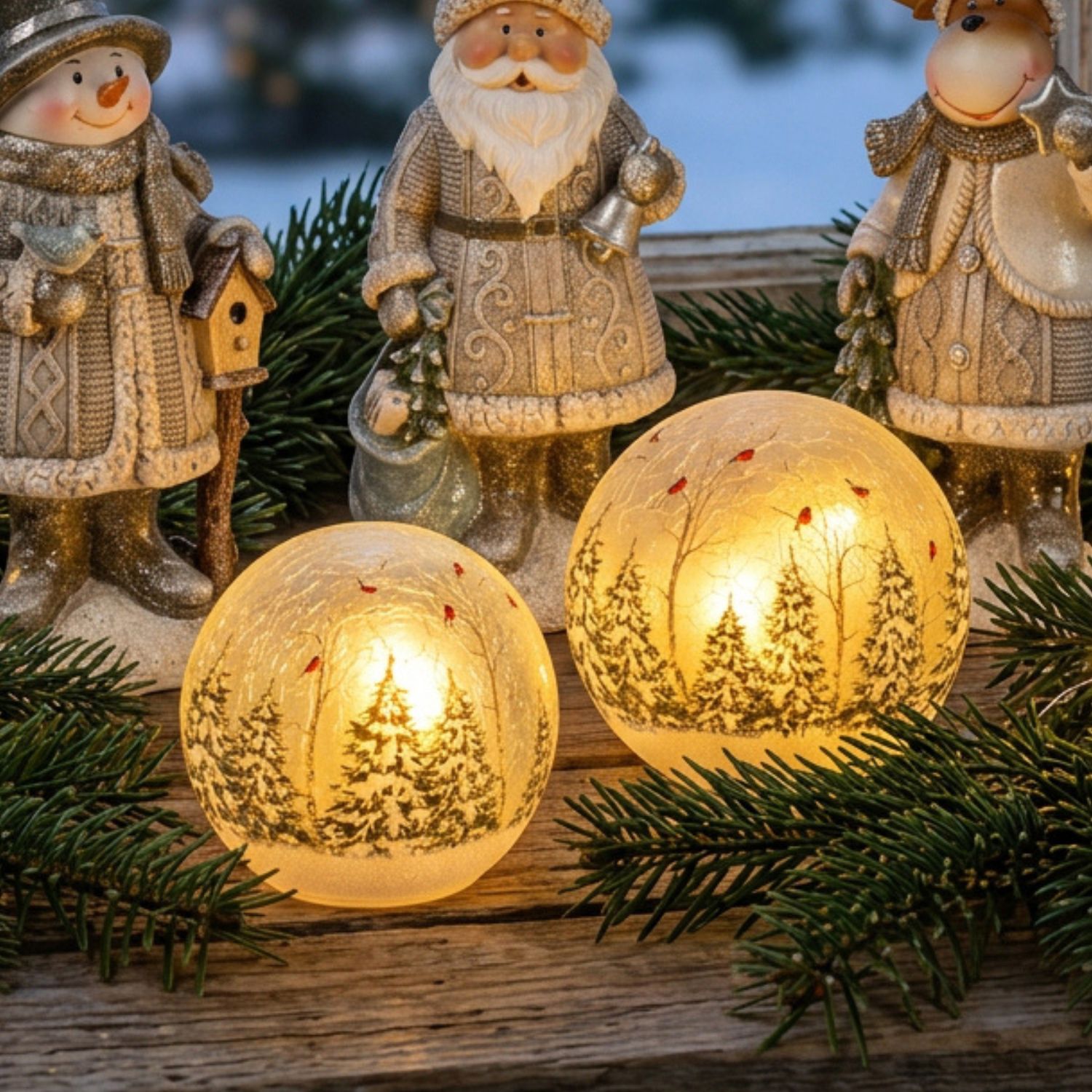 Leuchtkugeln mit Winterwaldmotiv vor festlichen Figuren und Tannenzweigen
