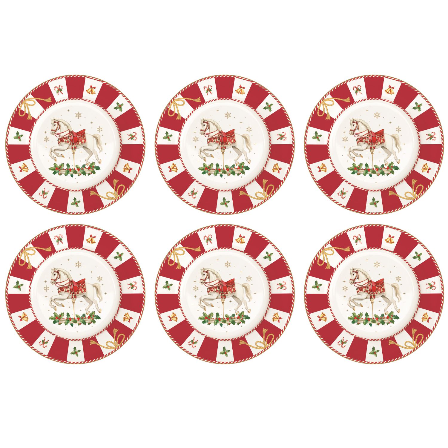 6 Kuchenteller mit einem weißen Pferd und weihnachtlichen Motiven in Rot und Gold