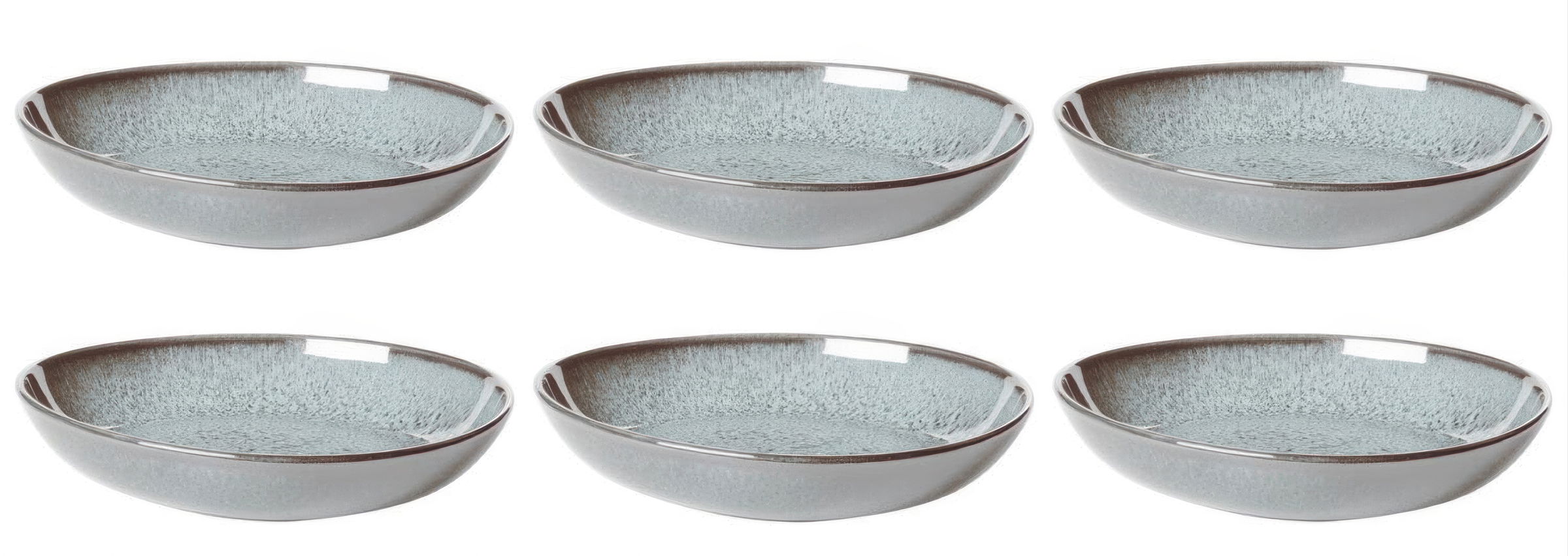 Sechs flache, runde Schalen in Grau mit einer strukturierten Oberfläche und einem schmalen Rand.