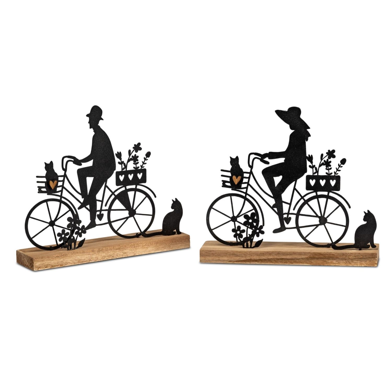 Zwei Fahrradsilhouetten mit Figuren, Blumen und Katzen auf Holzsockeln