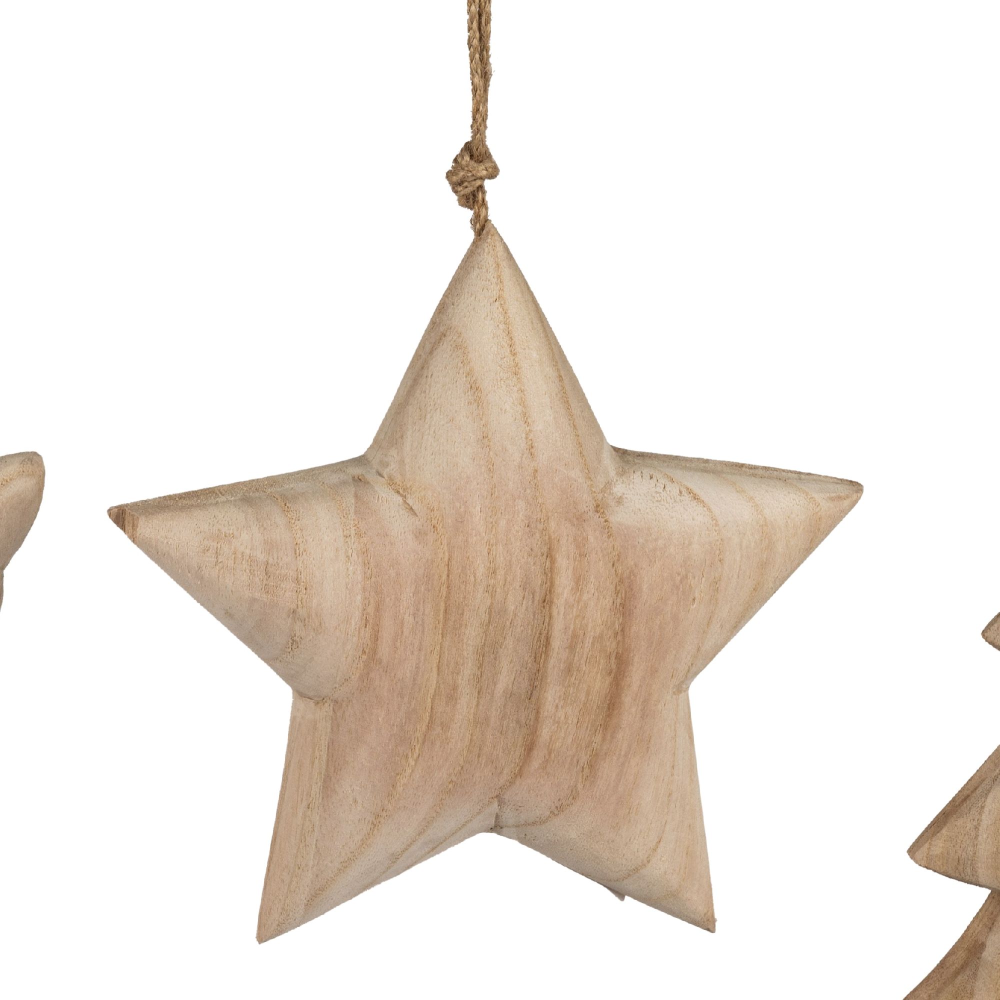Holzstern mit fünf Zacken, naturbelassen, an einer Schnur zum Aufhängen.