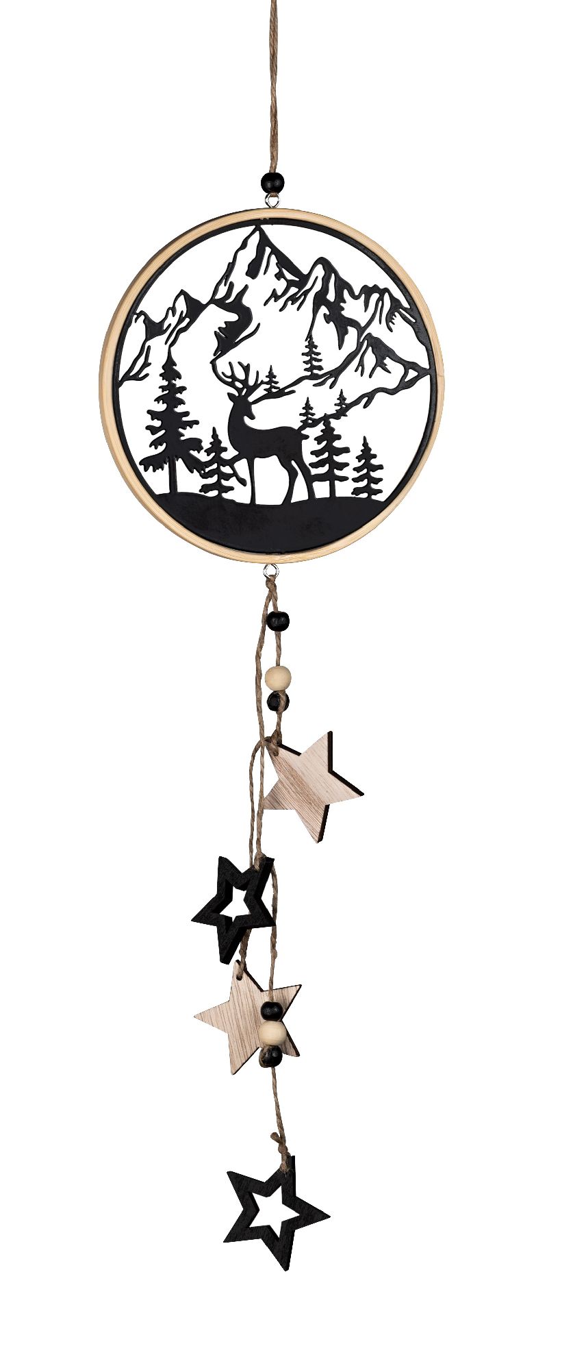 Dekorativer Wandanhänger mit einem runden Rahmen, der Berge, einen Hirsch und Bäume zeigt, sowie hän